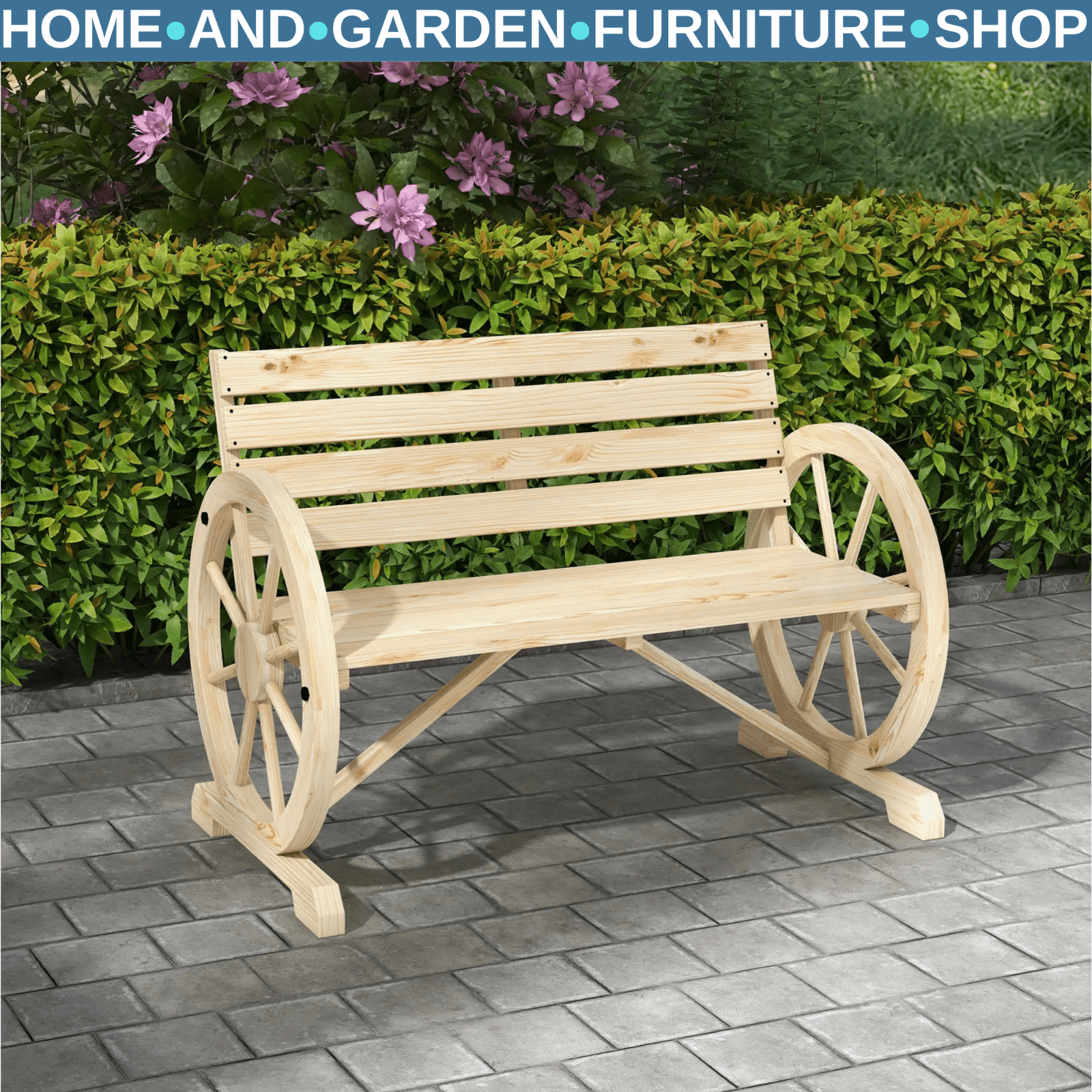 Rustic Wooden Garden Bench Wagon Wheel Design Outdoor Loveseat w/ Armrests Seat - Home and Garden Furniture Shop - #rustic - furniture#
