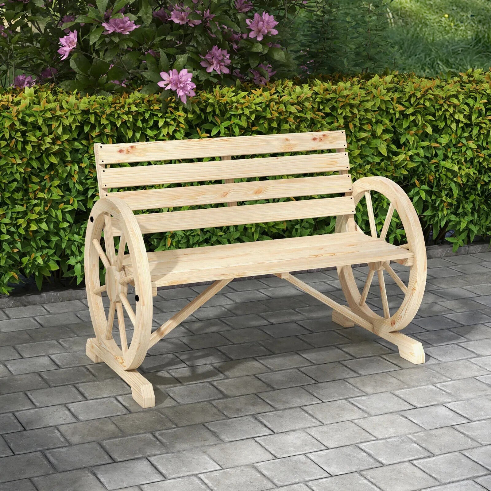 Rustic Wooden Garden Bench Wagon Wheel Design Outdoor Loveseat w/ Armrests Seat - Home and Garden Furniture Shop - #rustic - furniture#