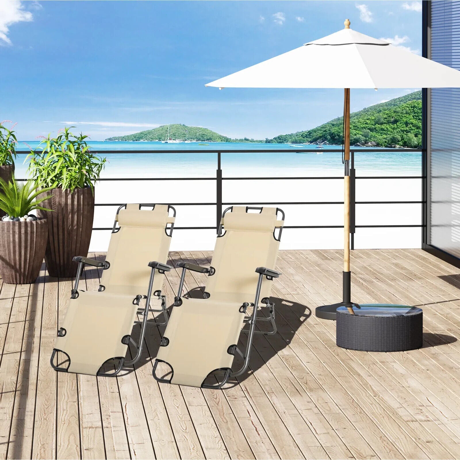 Set of 2 Foldable Sun Loungers Adjustable Back Reclining Garden Chairs w/ Pillow - Home and Garden Furniture Shop - #rustic - furniture#