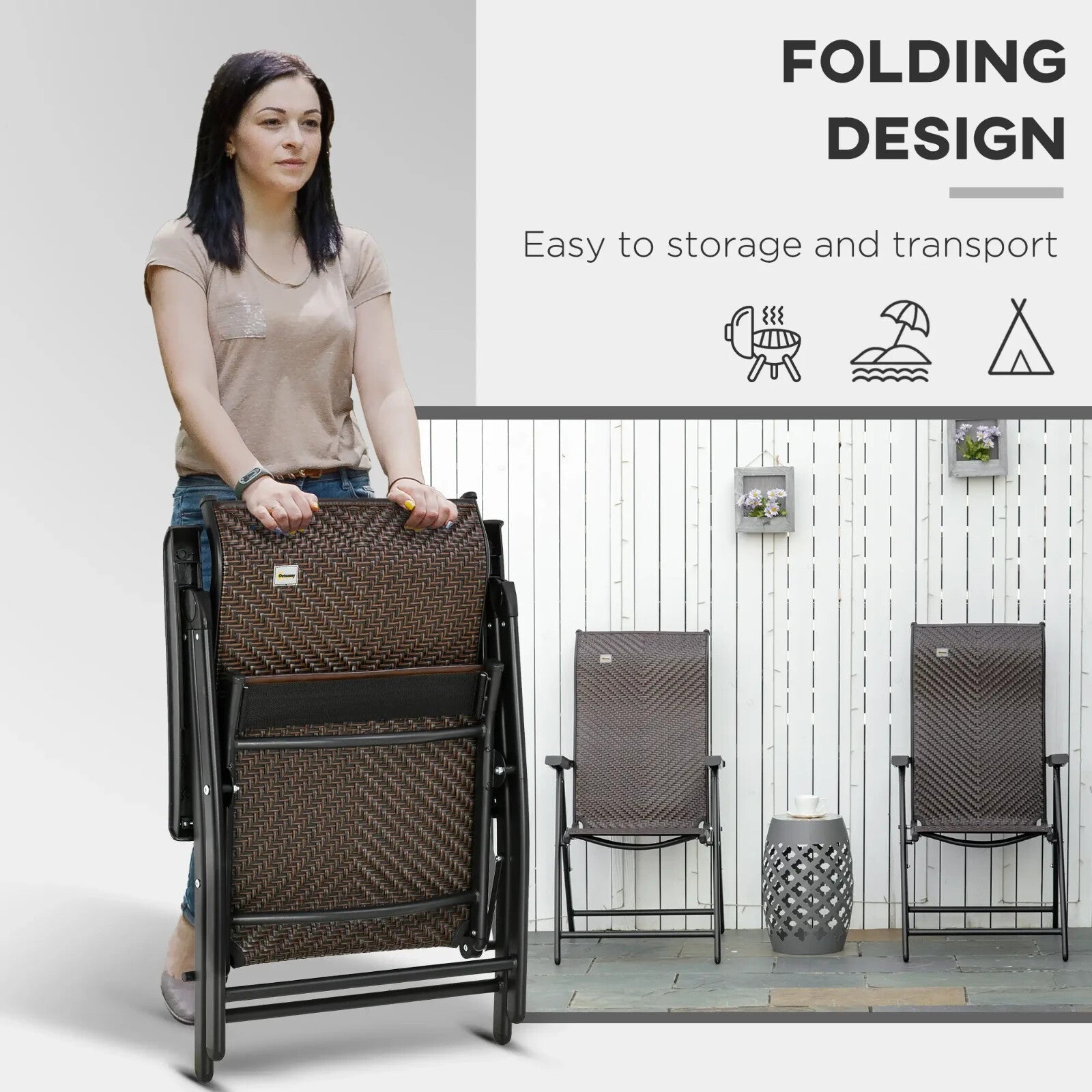 Set of 2 Folding Rattan Garden Chairs with Armrests Adjustable Reclining Seat - Home and Garden Furniture Shop - rustic - furniture