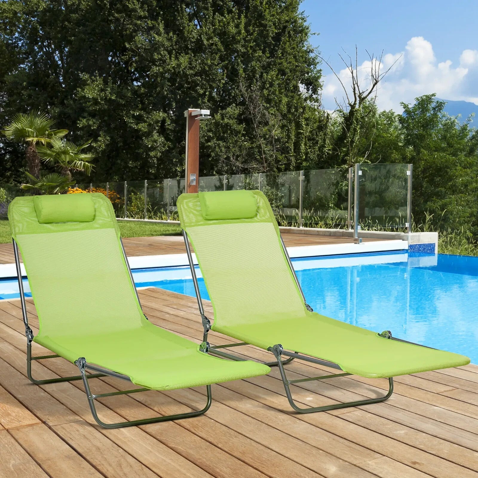 Set of 2 Folding Sun Lounger Day Beds with Pillow and Reclining Mesh Back Frame - Home and Garden Furniture Shop - rustic - furniture