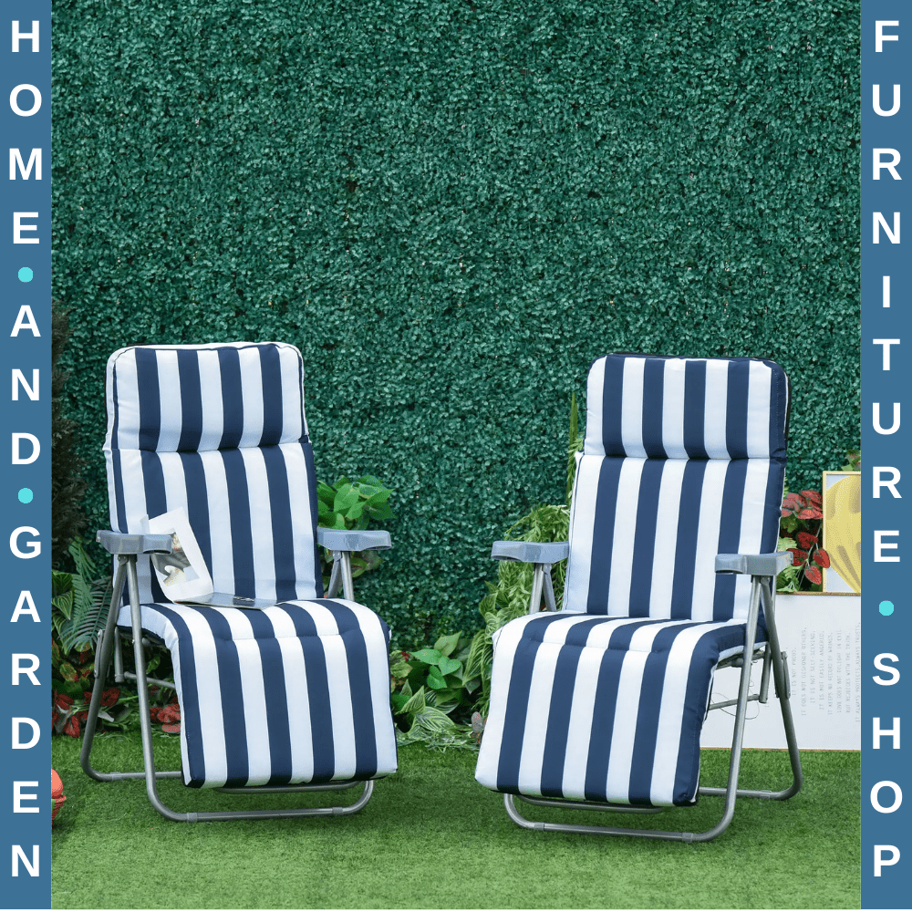 Set of 2 Folding Sun Loungers w/ Cushions Blue & White Garden Reclining Chairs - Home and Garden Furniture Shop - #rustic - furniture#