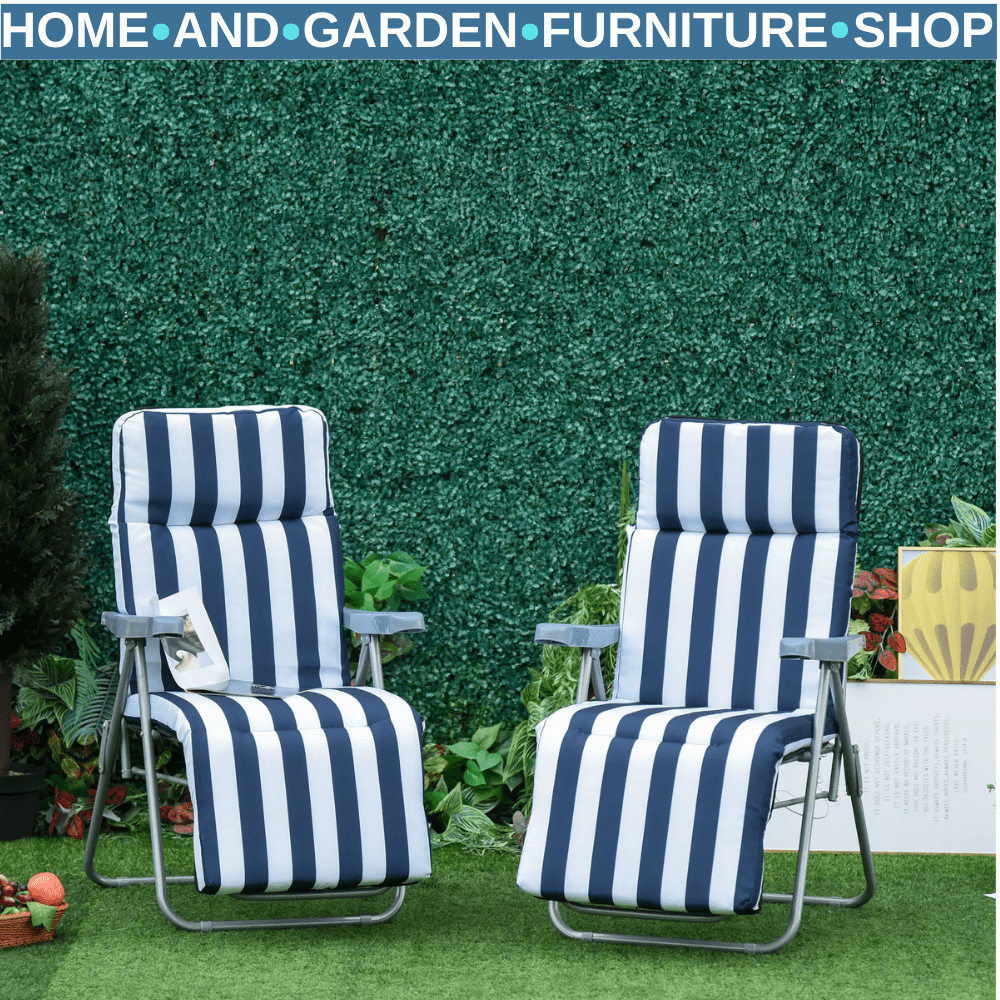Set of 2 Folding Sun Loungers w/ Cushions Blue & White Garden Reclining Chairs - Home and Garden Furniture Shop - #rustic - furniture#