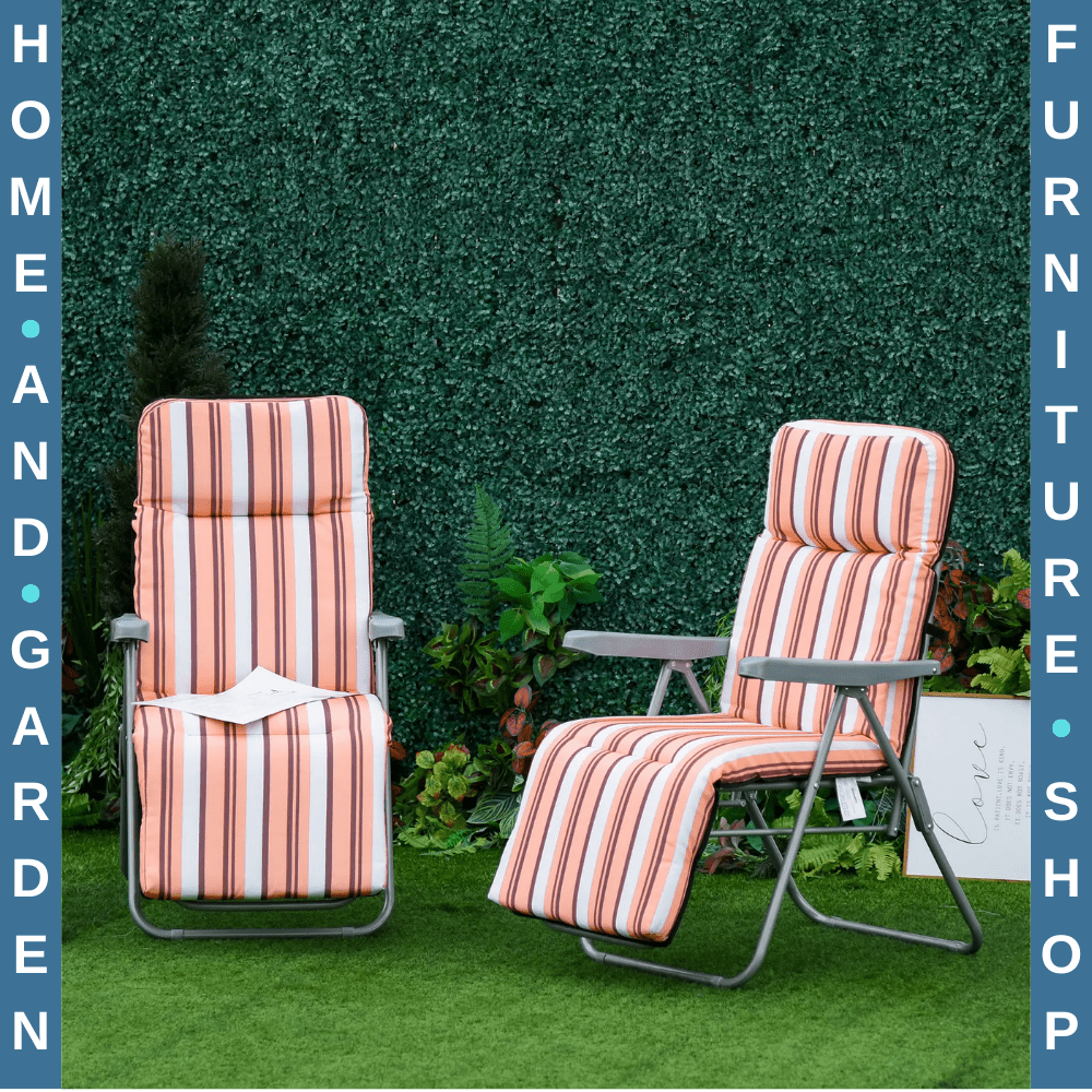 Set of 2 Folding Sun Loungers w/ Cushions Orange Stripe Garden Reclining Chairs - Home and Garden Furniture Shop - rustic - furniture