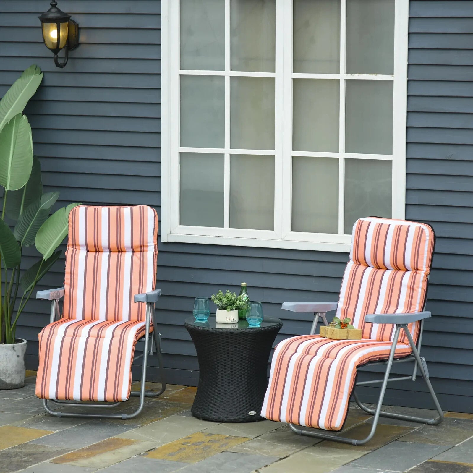 Set of 2 Folding Sun Loungers w/ Cushions Orange Stripe Garden Reclining Chairs - Home and Garden Furniture Shop - rustic - furniture