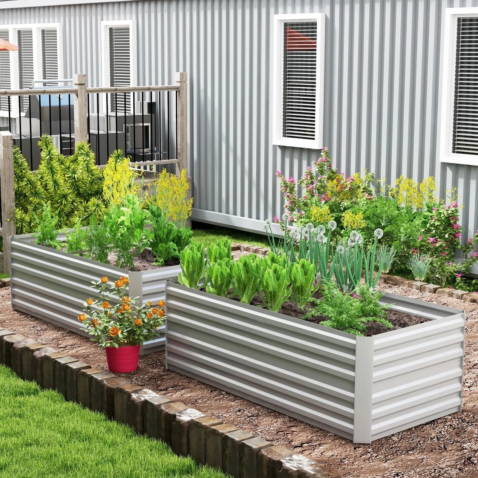 Set of 2 Galvanised Steel Raised Garden Beds Planters with Reinforced Rods Grey - Home and Garden Furniture Shop - #rustic - furniture#