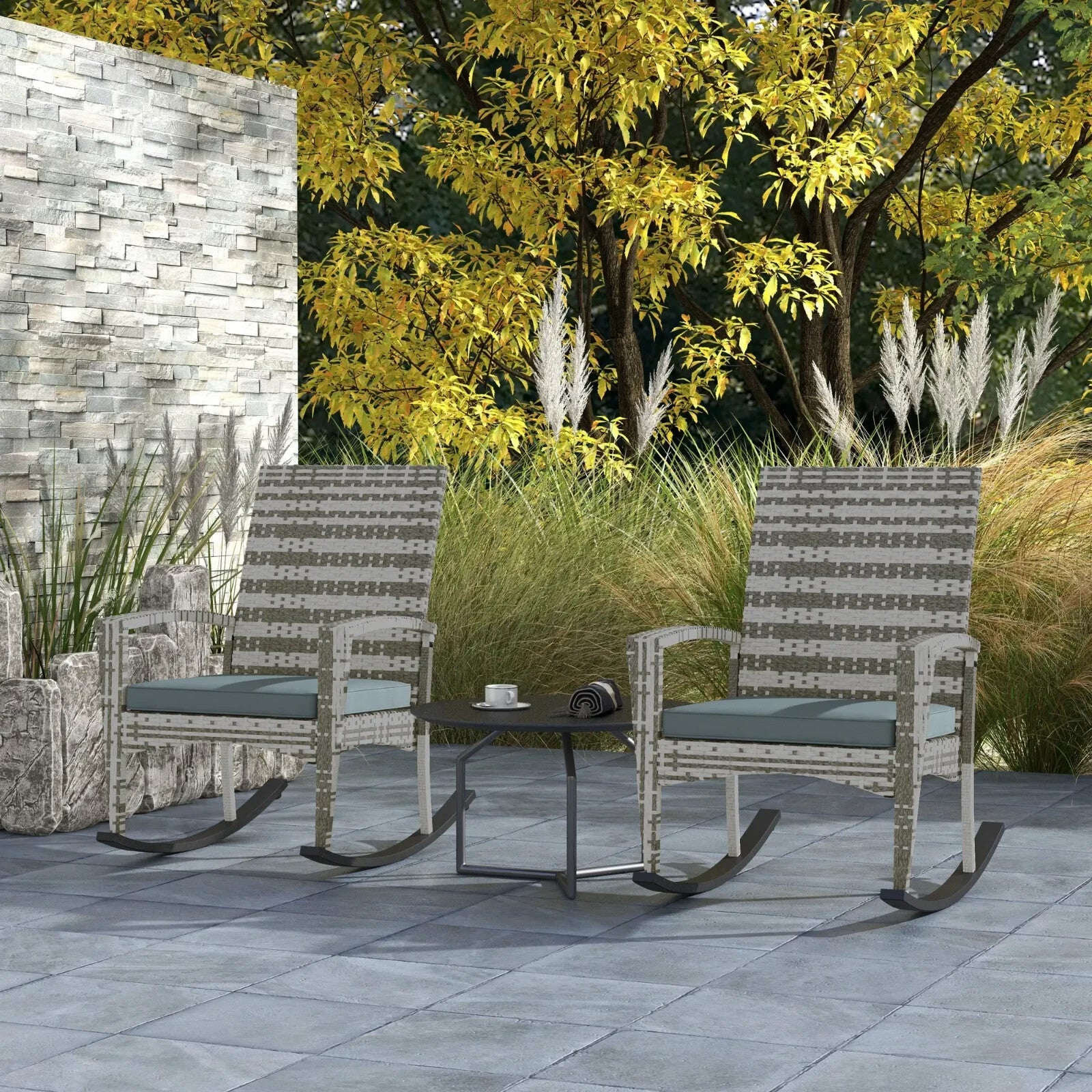 Set of 2 Garden Rattan Rocking Chair with Cushions and Armrests for Outdoor Grey - Home and Garden Furniture Shop - rustic - furniture