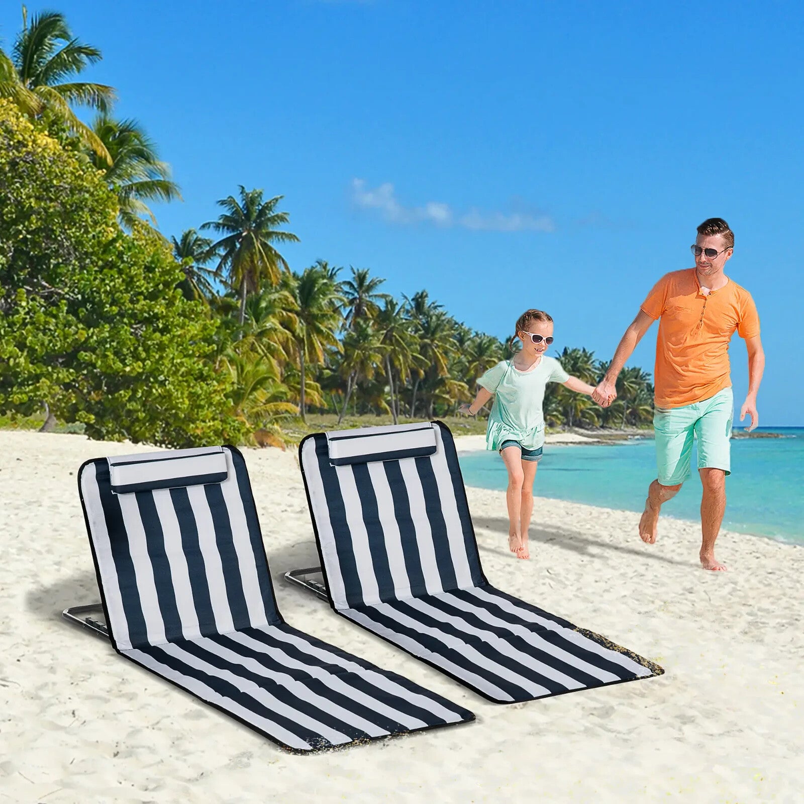Set of 2 Outdoor Beach Mats Steel Reclining Chairs with Pillow for Garden Blue - Home and Garden Furniture Shop - rustic - furniture