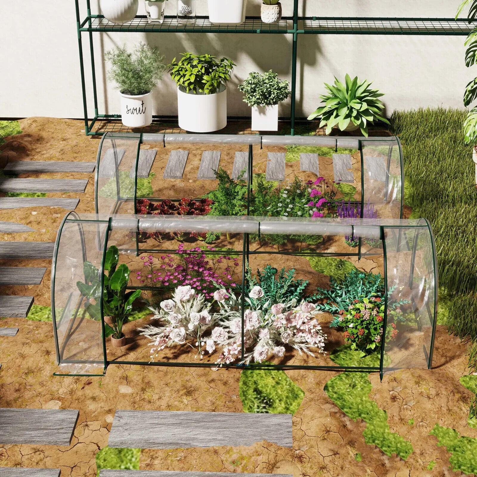 Set of 2 PVC Tunnel Greenhouses 250 x 100 x 80cm w/ Roll Up Door for Garden Use - Home and Garden Furniture Shop - #rustic - furniture#
