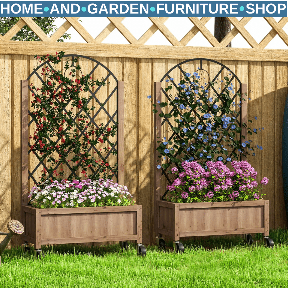 Set of 2 Raised Garden Bed with Metal Trellis Wooden Planter Box Wheels Drainage - Home and Garden Furniture Shop - rustic - furniture