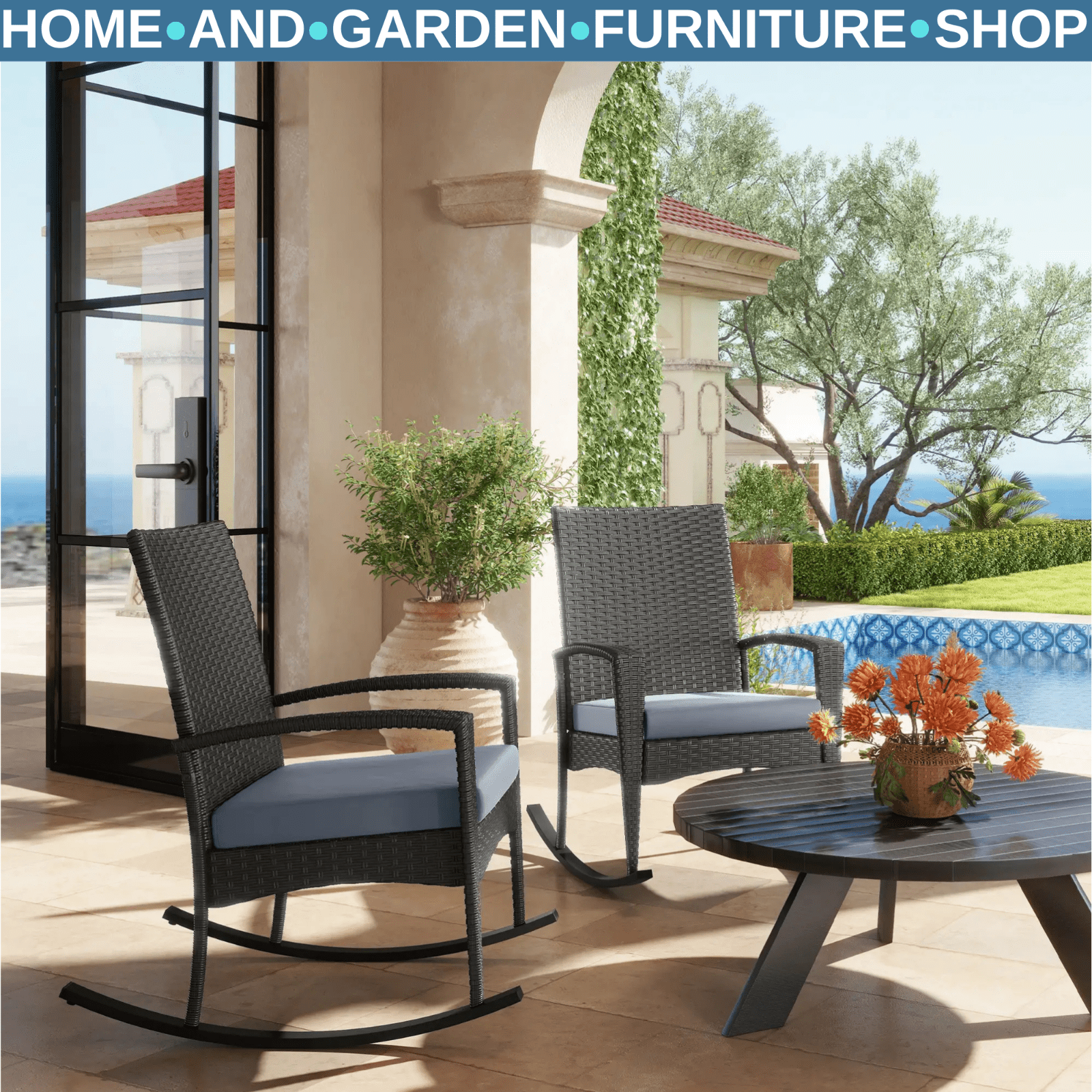 Set of 2 Rattan Garden Rocking Chairs with Cushions and Armrests Outdoor Grey - Home and Garden Furniture Shop - rustic - furniture