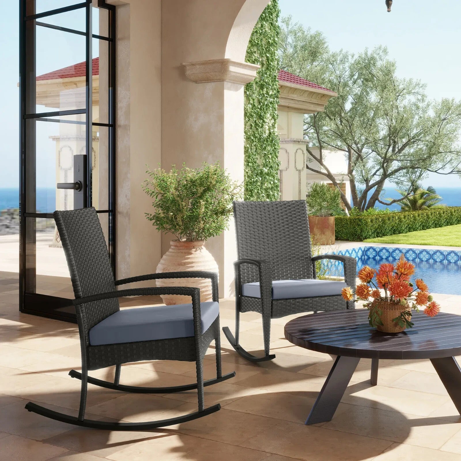 Set of 2 Rattan Garden Rocking Chairs with Cushions and Armrests Outdoor Grey - Home and Garden Furniture Shop - rustic - furniture