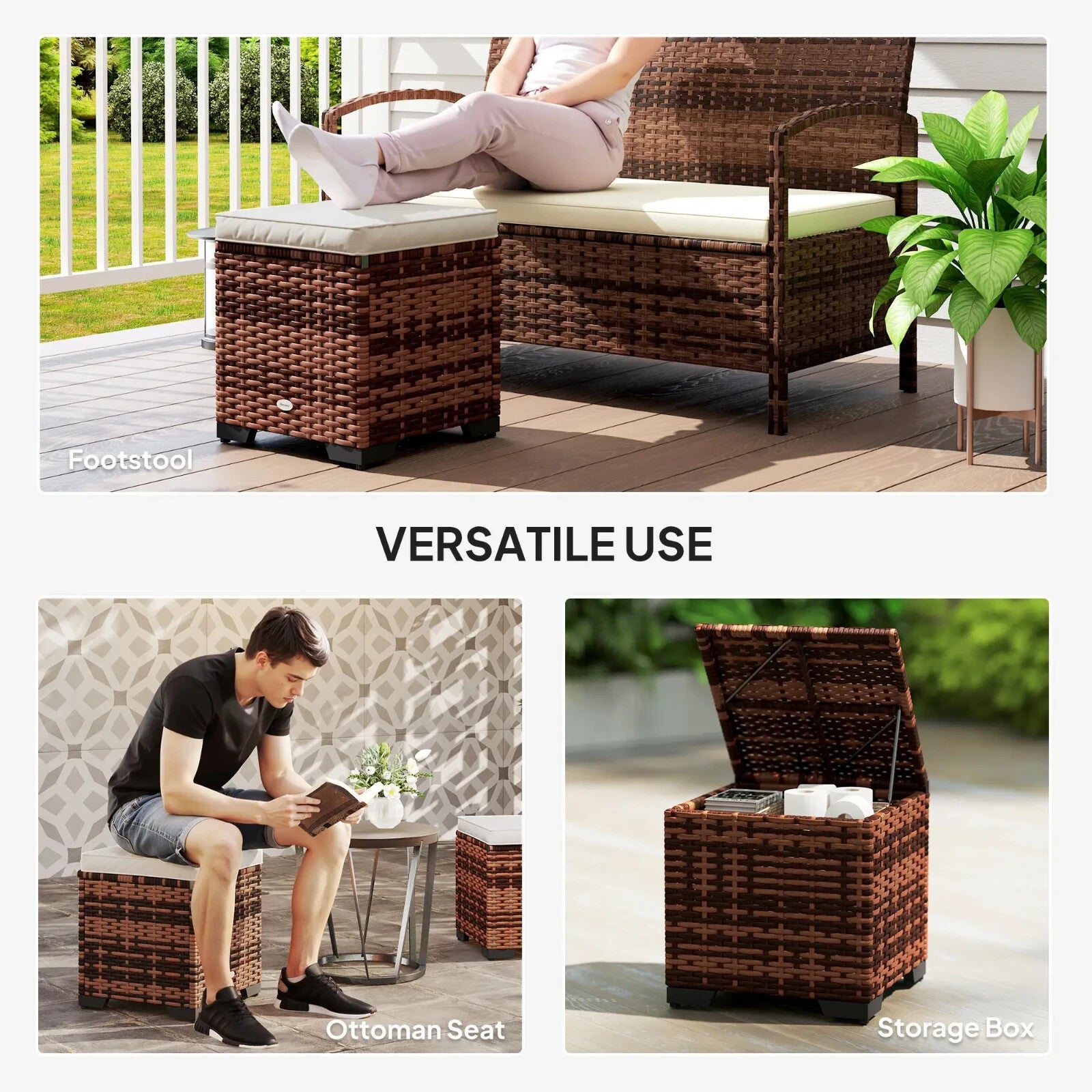 Set of 2 Rattan Outdoor Ottomans with Storage & Cushions Garden Footstools Beige - Home and Garden Furniture Shop - rustic - furniture