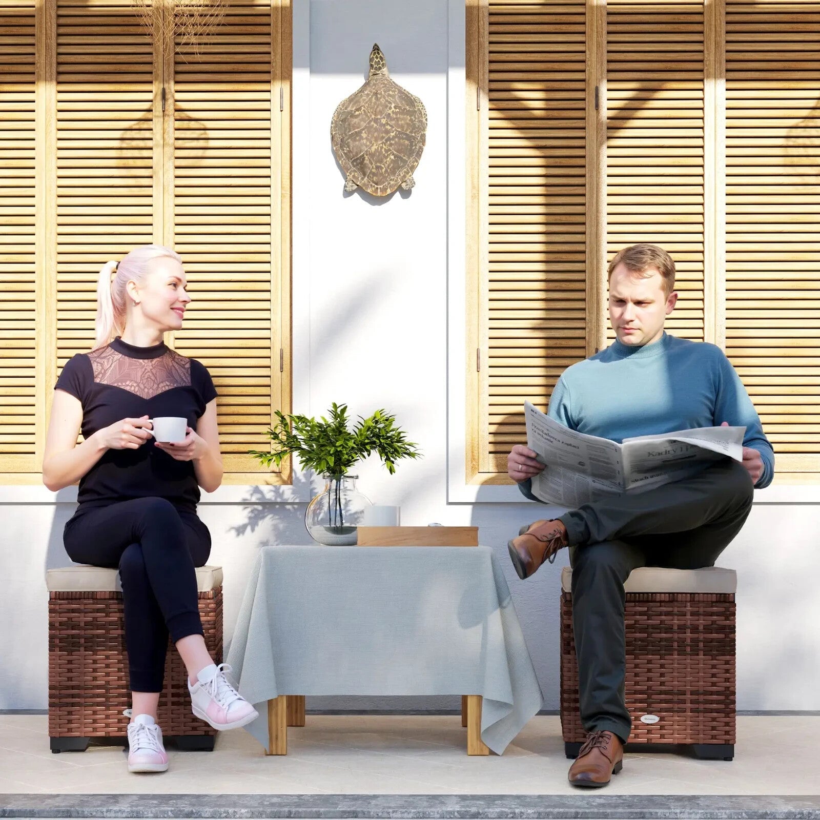 Set of 2 Rattan Outdoor Ottomans with Storage & Cushions Garden Footstools Beige - Home and Garden Furniture Shop - rustic - furniture