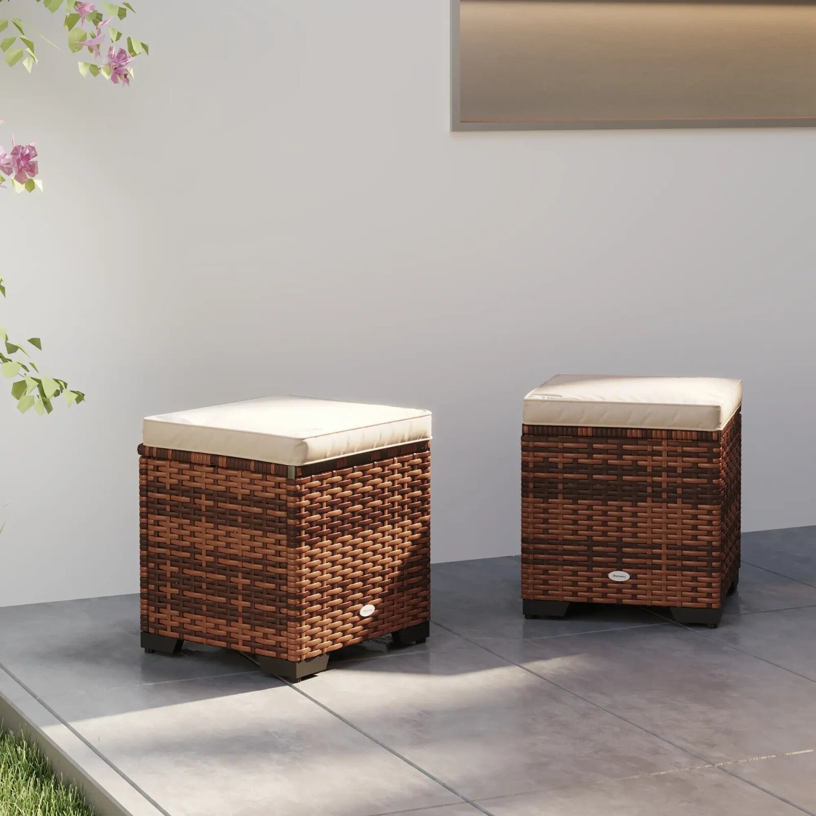 Set of 2 Rattan Outdoor Ottomans with Storage & Cushions Garden Footstools Beige - Home and Garden Furniture Shop - rustic - furniture