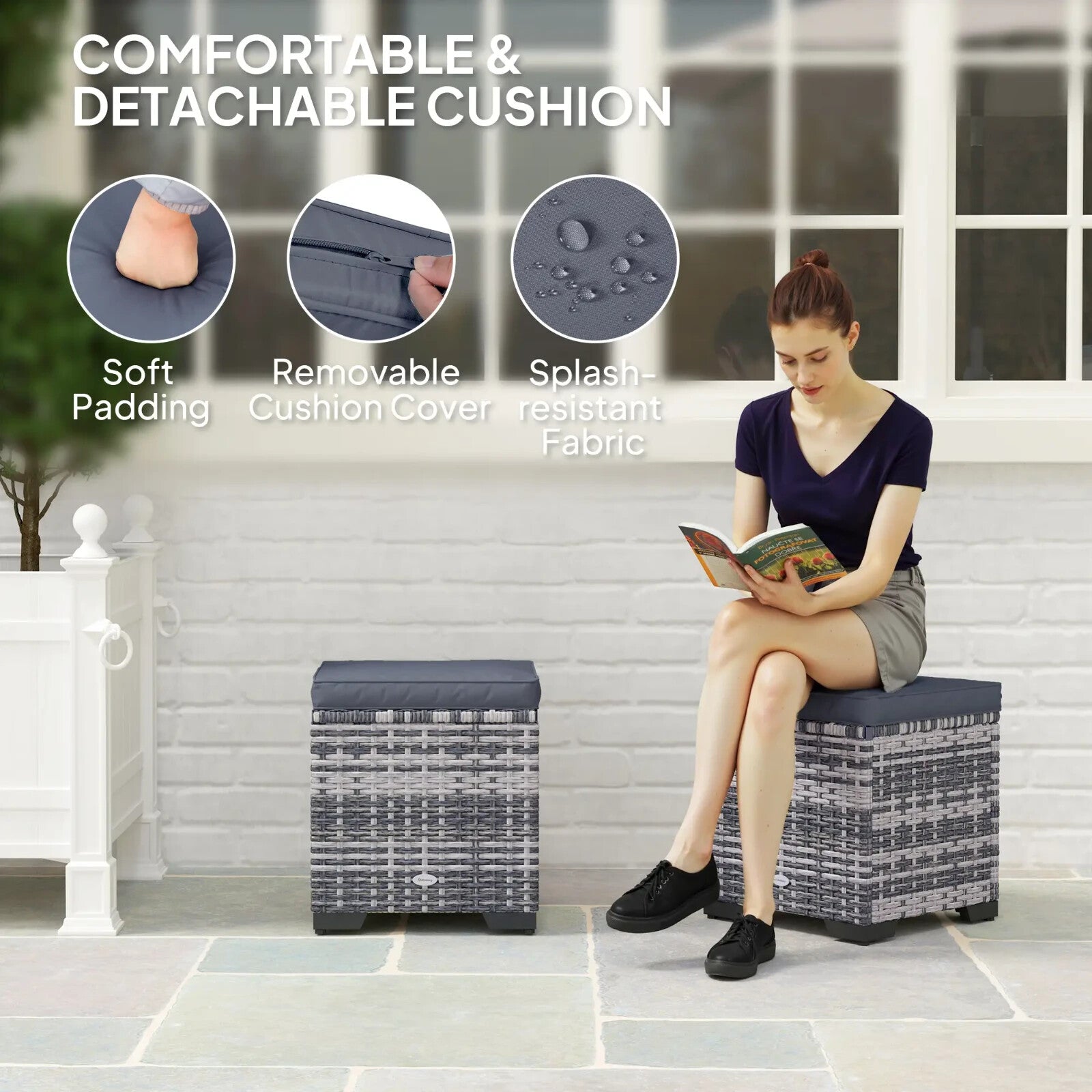 Set of 2 Rattan Storage Footstools Outdoor Ottomans with Cushions Dark Grey - Home and Garden Furniture Shop - rustic - furniture