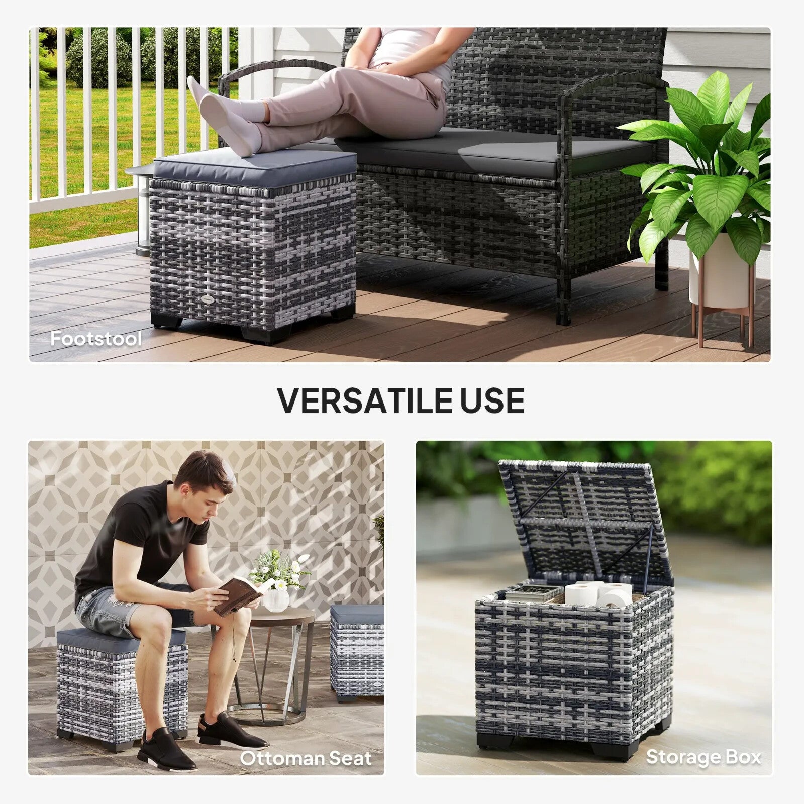 Set of 2 Rattan Storage Footstools Outdoor Ottomans with Cushions Dark Grey - Home and Garden Furniture Shop - rustic - furniture