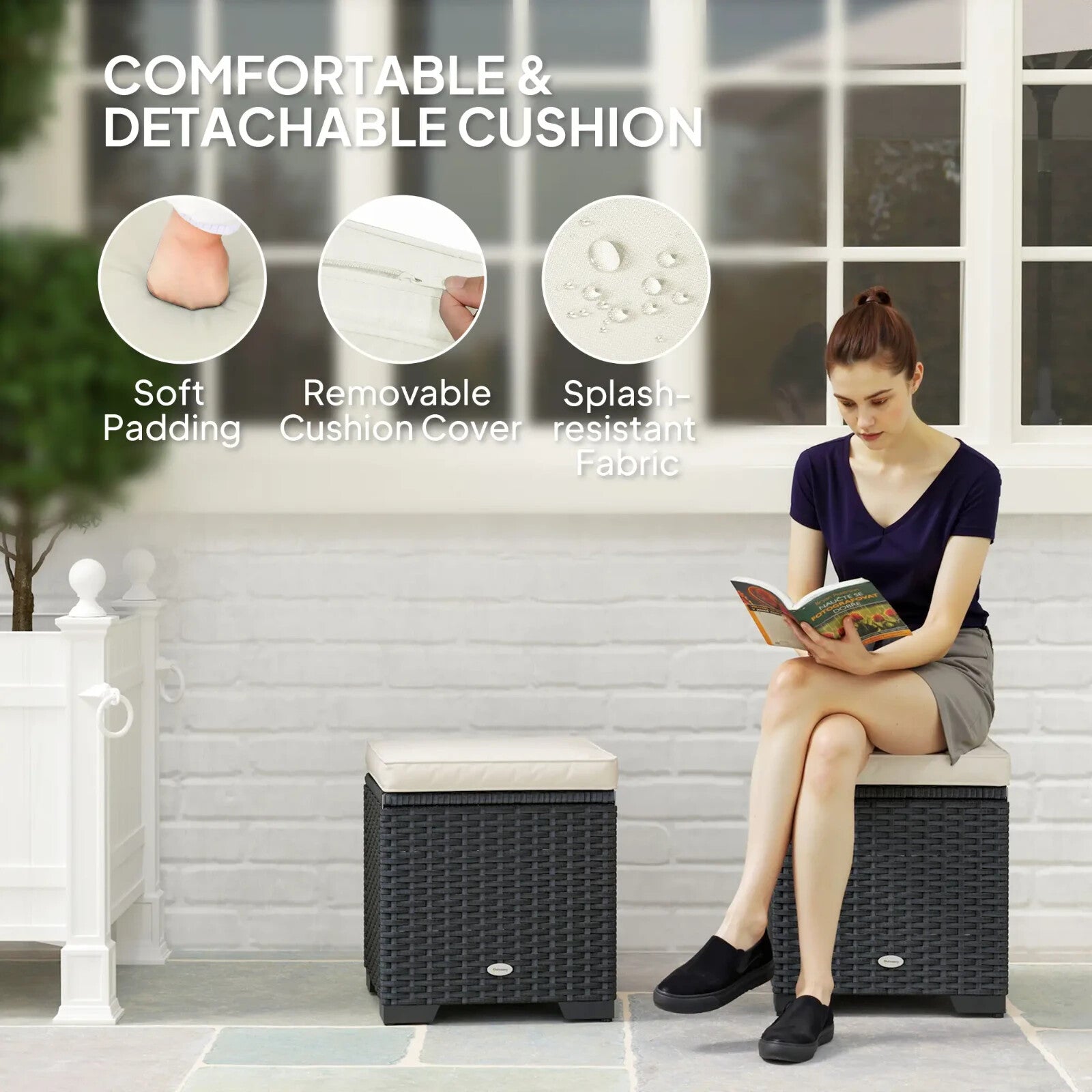 Set of 2 Rattan Storage Ottomans Outdoor Footstools with Cushions Garden Balcony - Home and Garden Furniture Shop - rustic - furniture