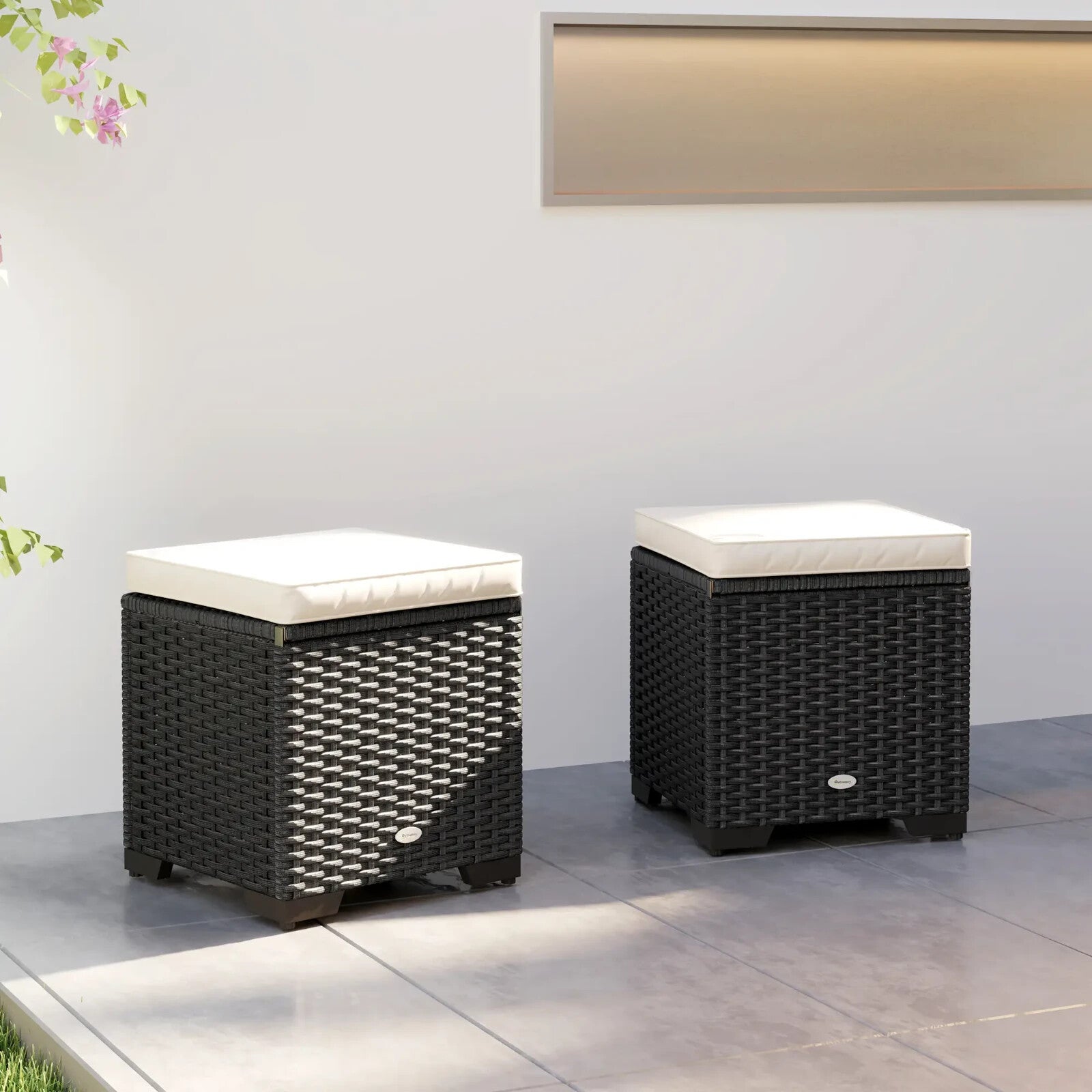 Set of 2 Rattan Storage Ottomans Outdoor Footstools with Cushions Garden Balcony - Home and Garden Furniture Shop - rustic - furniture