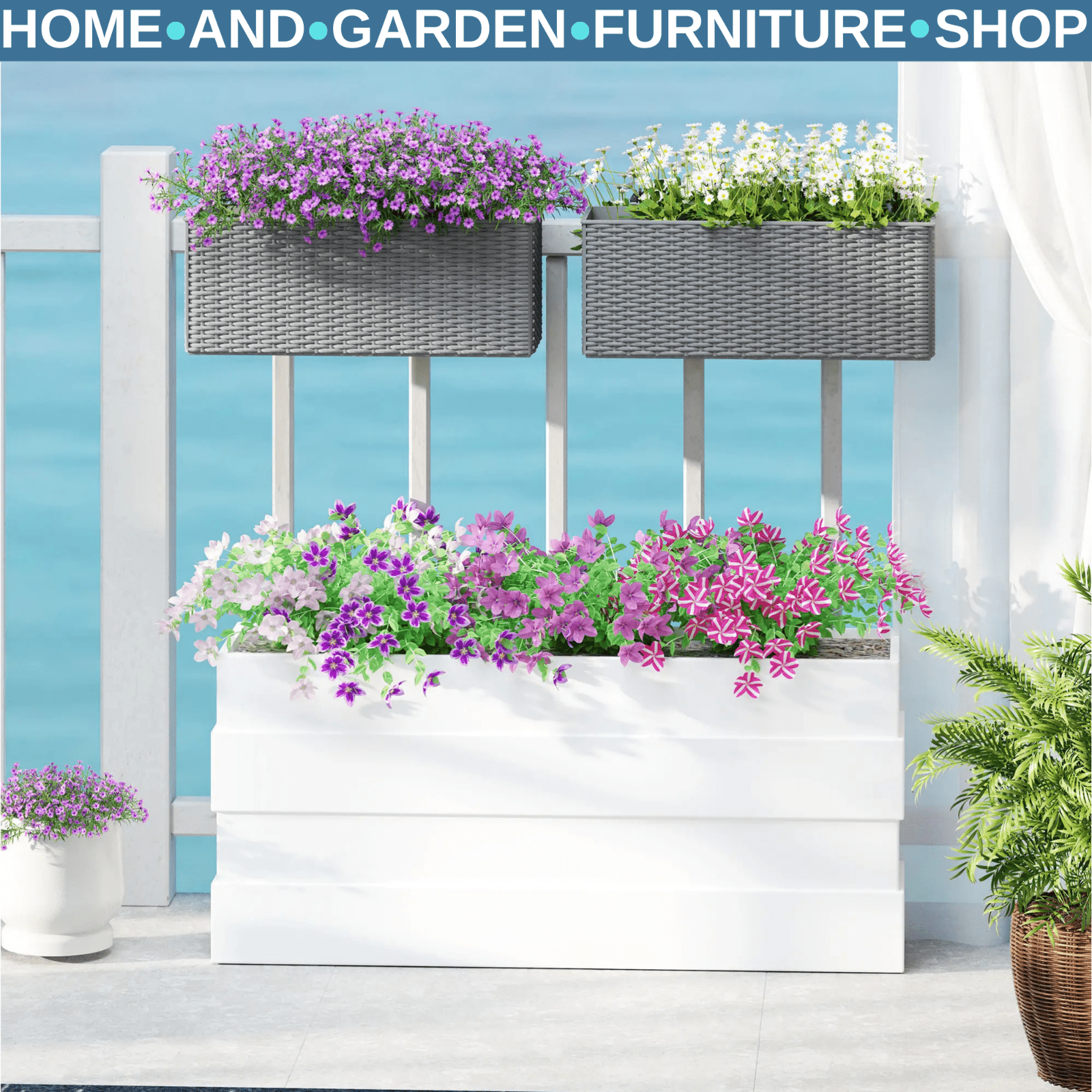 Set of 2 Rattan - Style Hanging Flower Boxes 50cm Planters for Balcony or Garden - Home and Garden Furniture Shop - #rustic - furniture#