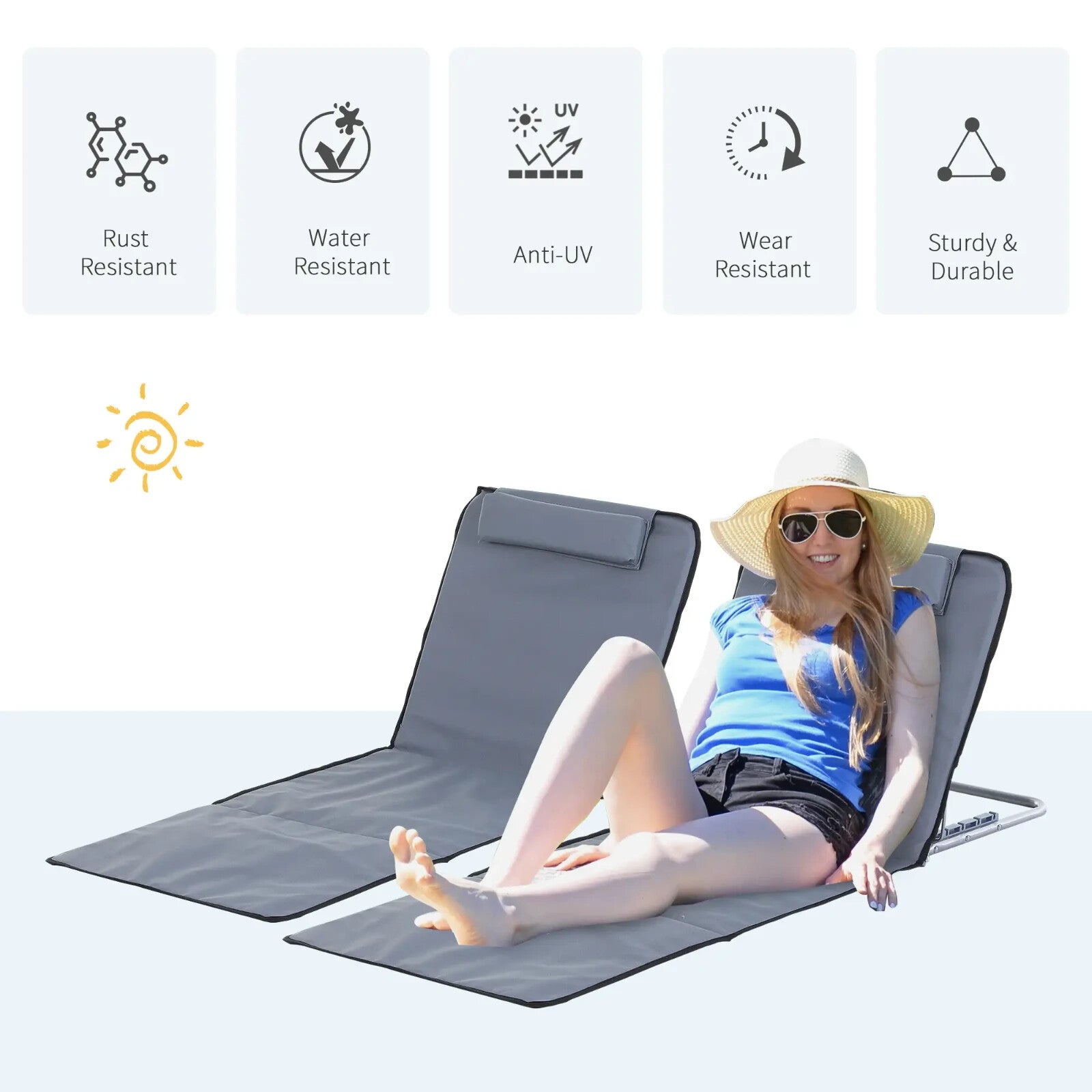 Set of 2 Reclining Beach Mats with Steel Frame Portable Folding Loungers Grey - Home and Garden Furniture Shop - rustic - furniture