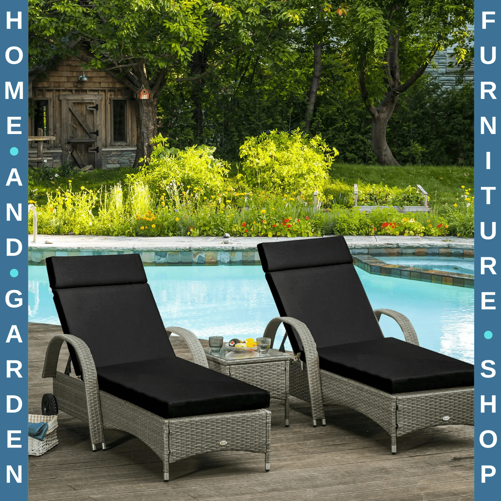 Set Of 2 Sun Lounger Cushions For Rattan Furniture With Ties Replacement Black - Home and Garden Furniture Shop - rustic - furniture