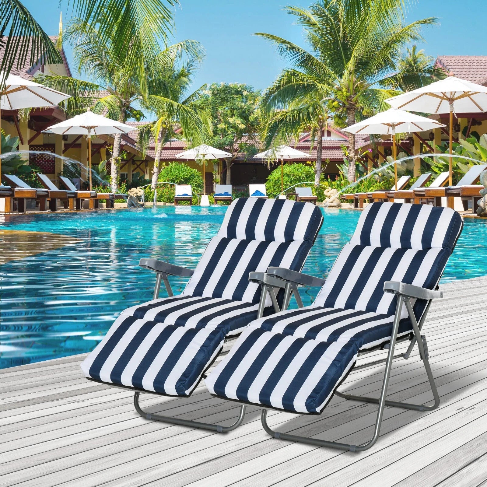 Set of 2 Sun Lounger Folding Recliner Chairs Patio Day Bed w/ Cushion Blue White - Home and Garden Furniture Shop - rustic - furniture