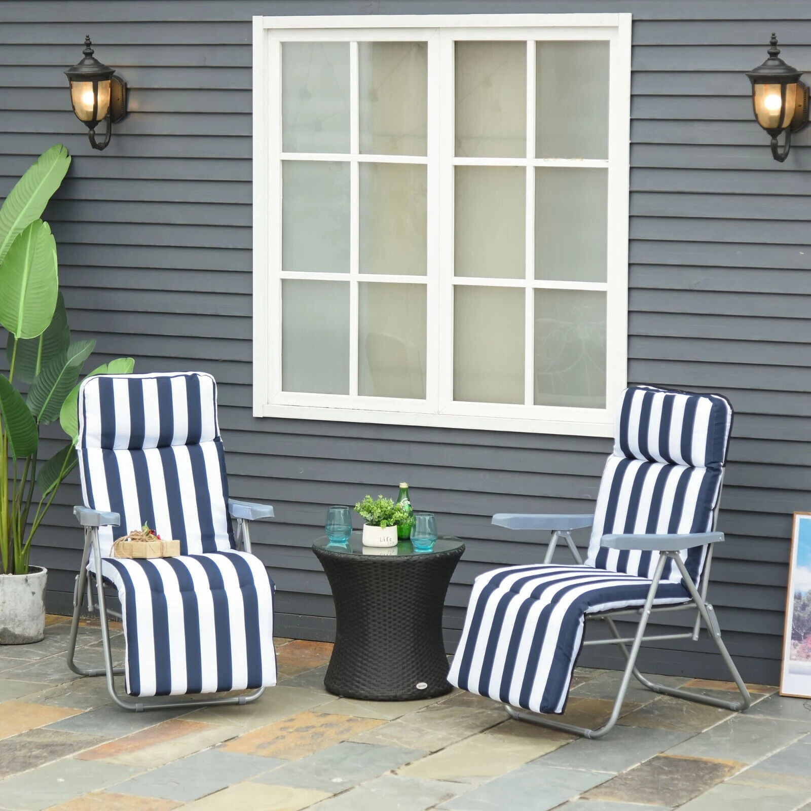 Set of 2 Sun Lounger Folding Recliner Chairs Patio Day Bed w/ Cushion Blue White - Home and Garden Furniture Shop - #rustic - furniture#