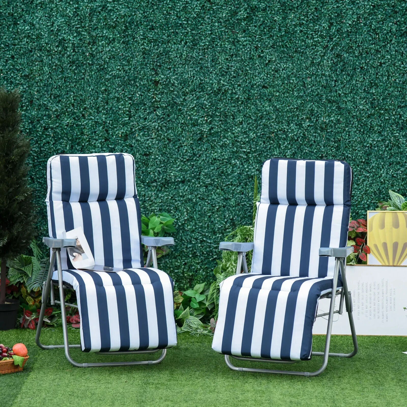 Set of 2 Sun Lounger Folding Recliner Chairs Patio Day Bed w/ Cushion Blue White - Home and Garden Furniture Shop - #rustic - furniture#