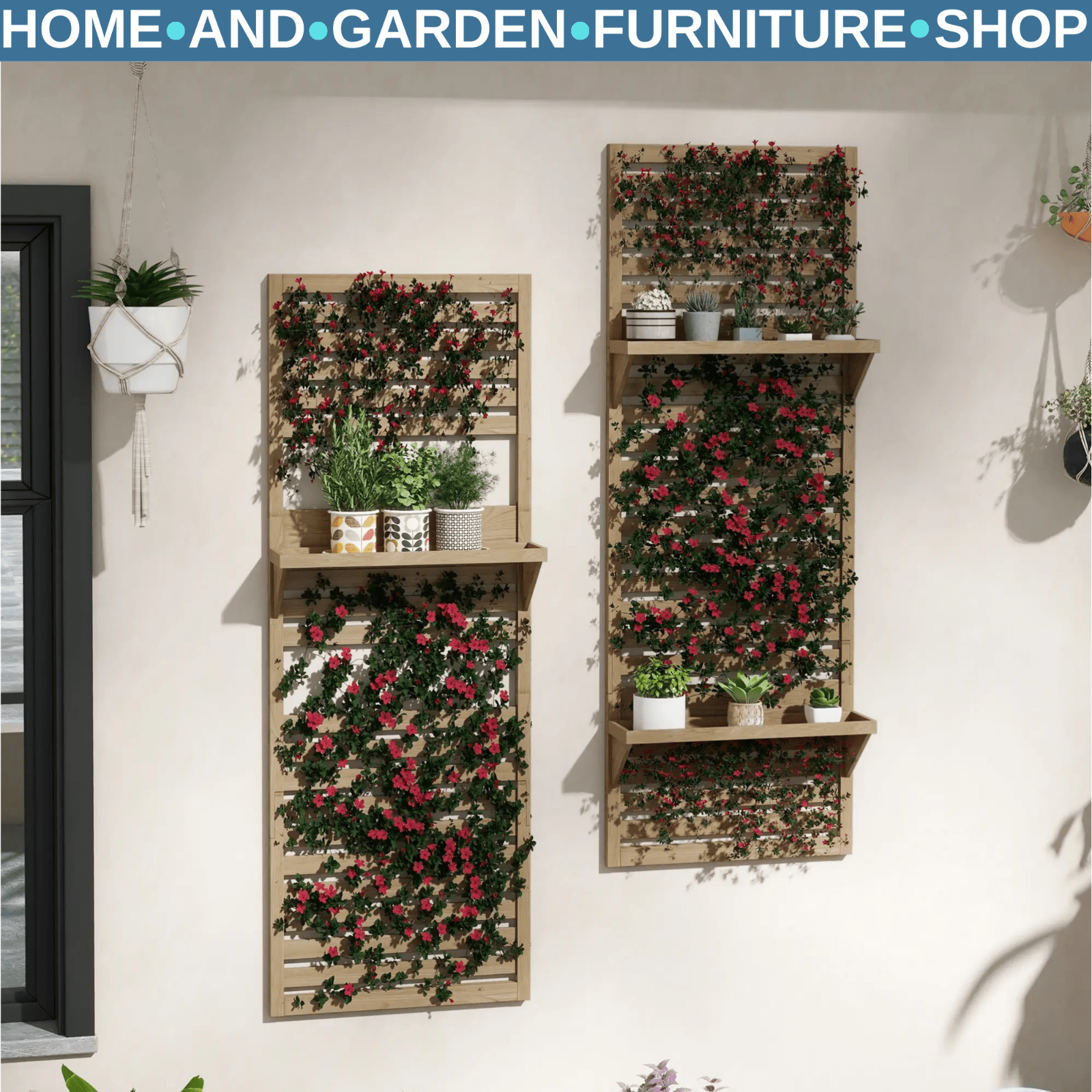 Set of 2 Wall - Mounted Plant Stands with Shelves and Slatted Trellis Garden Decor - Home and Garden Furniture Shop - #rustic - furniture#