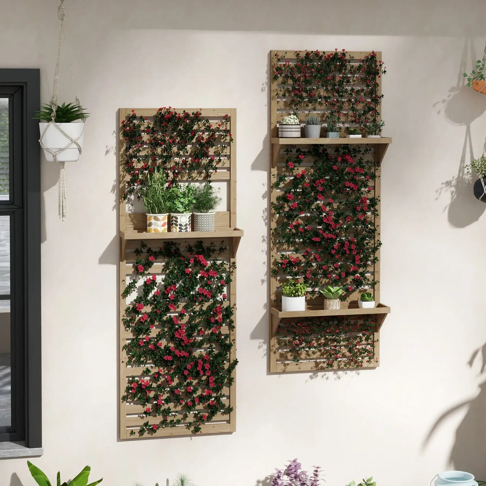 Set of 2 Wall - Mounted Plant Stands with Shelves and Slatted Trellis Garden Decor - Home and Garden Furniture Shop - #rustic - furniture#