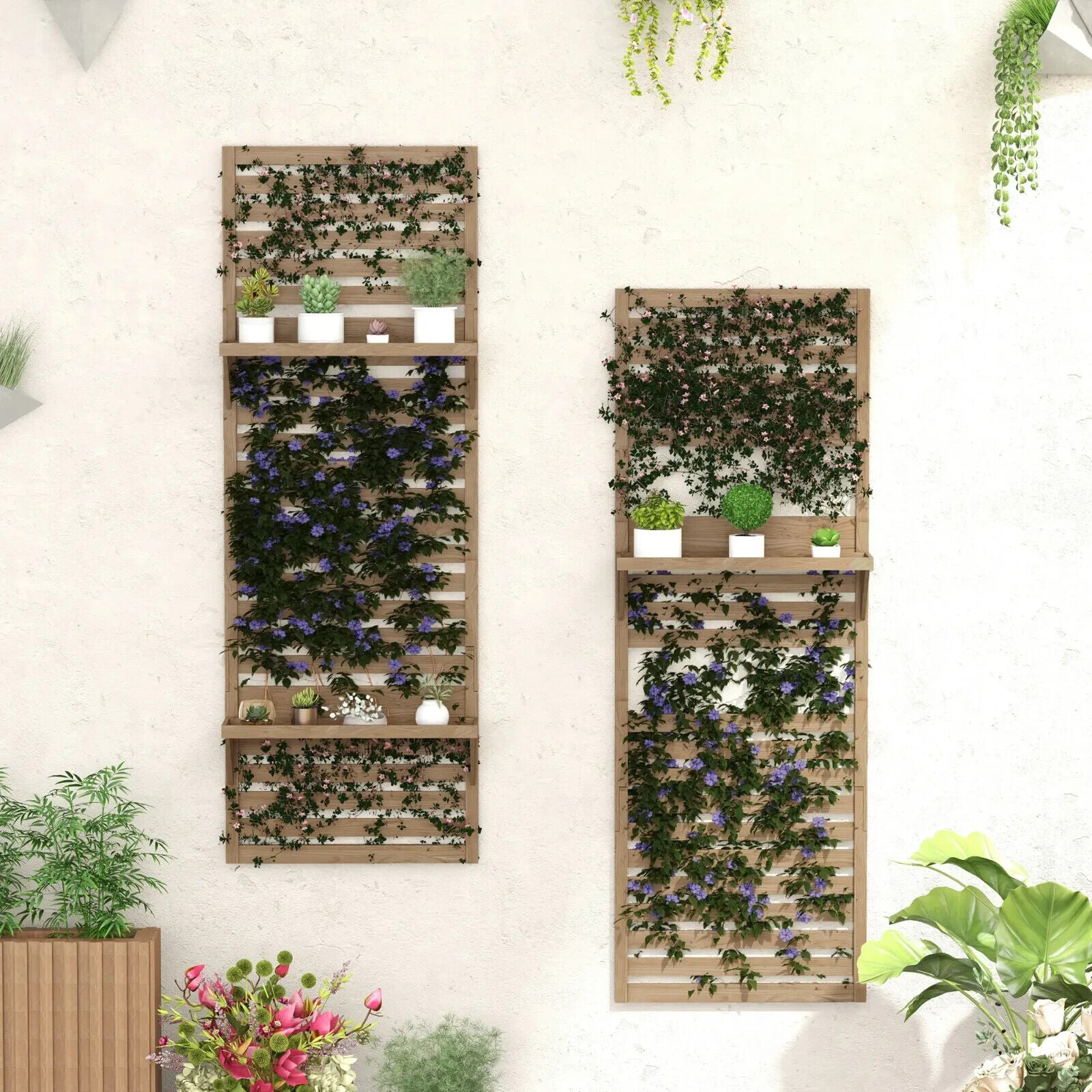 Set of 2 Wall - Mounted Plant Stands with Shelves and Slatted Trellis Garden Decor - Home and Garden Furniture Shop - #rustic - furniture#
