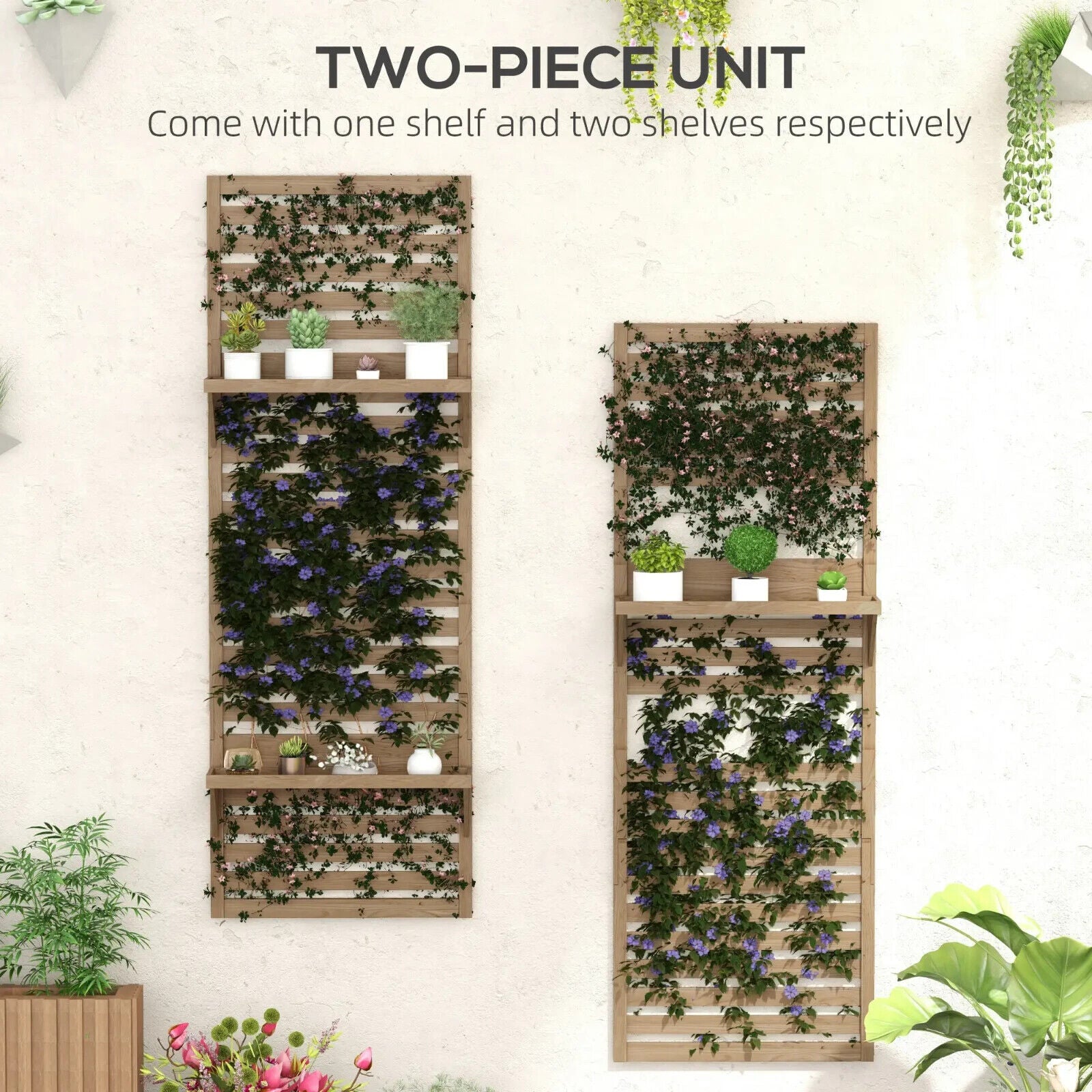 Set of 2 Wall - Mounted Plant Stands with Shelves and Slatted Trellis Garden Decor - Home and Garden Furniture Shop - #rustic - furniture#