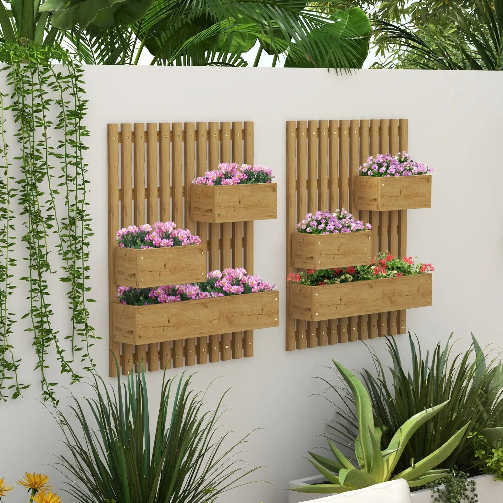 Set of 2 Wall Mounted Wooden Garden Planters with Trellis Drainage Movable Boxes - Home and Garden Furniture Shop - #rustic - furniture#