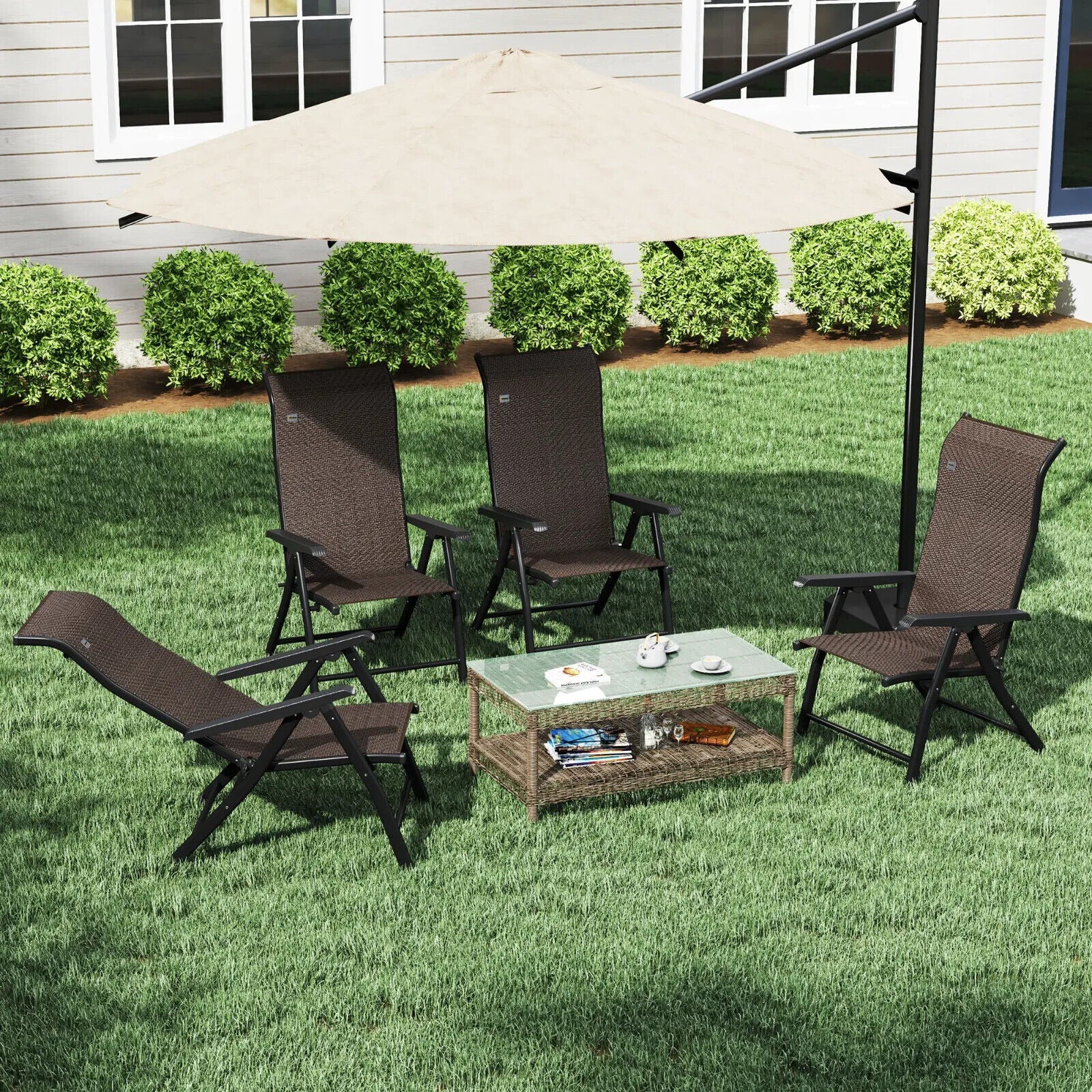 Set of 4 Outdoor Rattan Folding Chairs with Adjustable Backrest - Brown - Home and Garden Furniture Shop - #rustic - furniture#