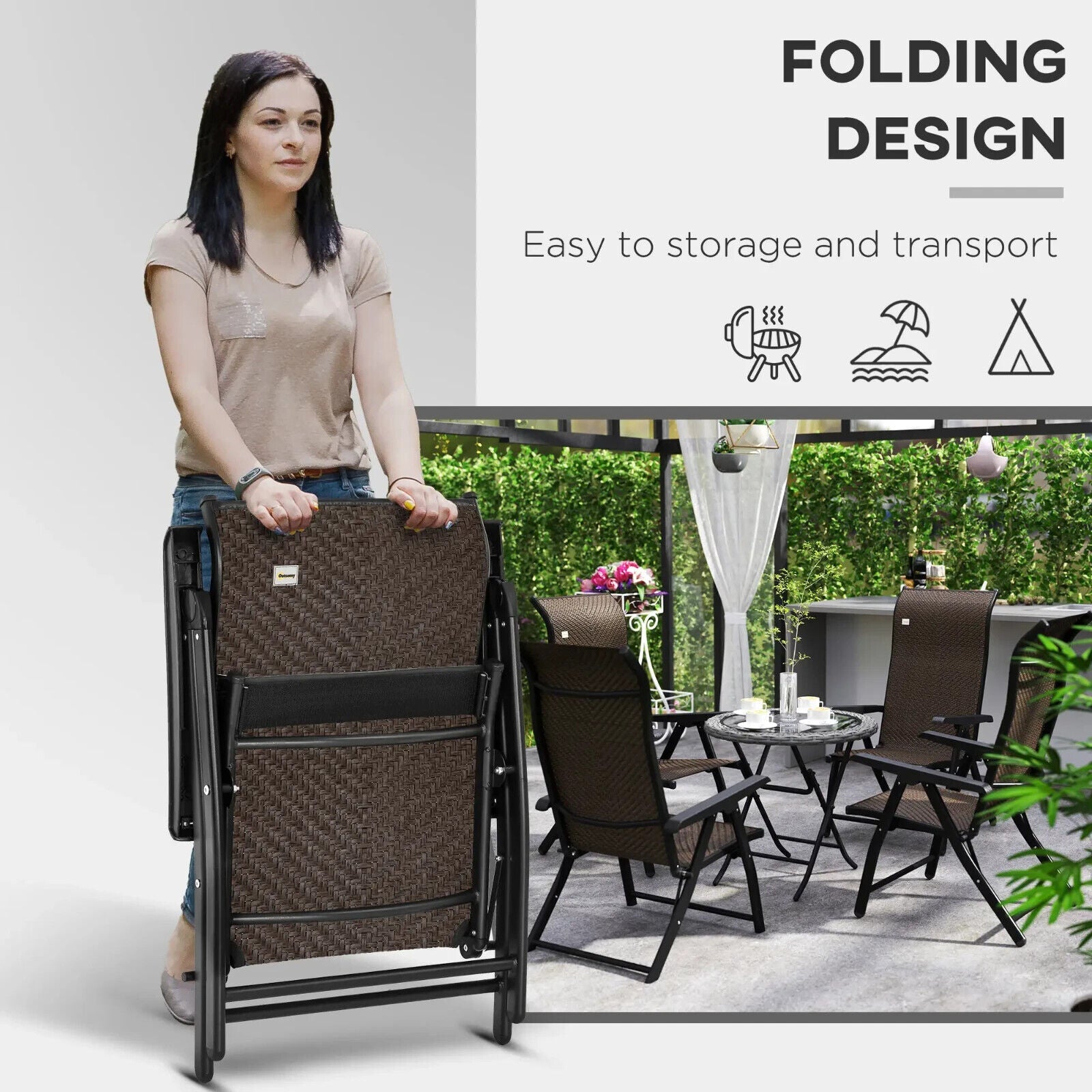 Set of 4 Outdoor Rattan Folding Chairs with Adjustable Backrest - Brown - Home and Garden Furniture Shop - #rustic - furniture#
