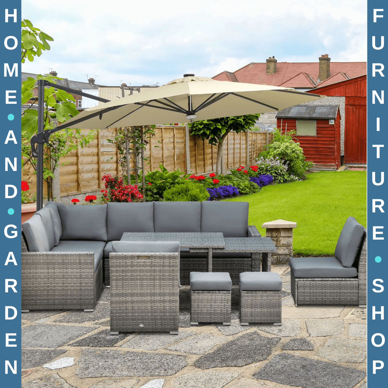 Seven - Piece Rattan Garden Sofa Set with Expanding Table and Stools Cushions Grey - Home and Garden Furniture Shop - rustic - furniture