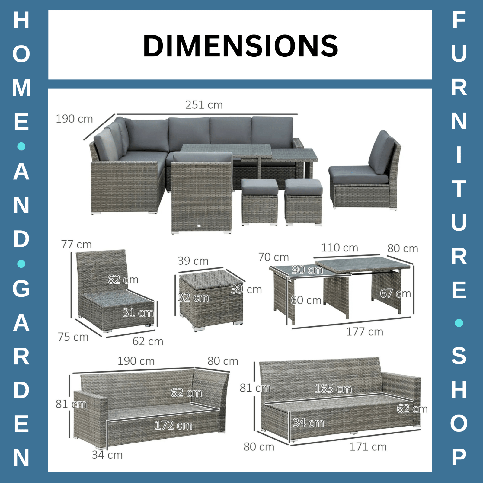 Seven - Piece Rattan Garden Sofa Set with Expanding Table and Stools Cushions Grey - Home and Garden Furniture Shop - rustic - furniture