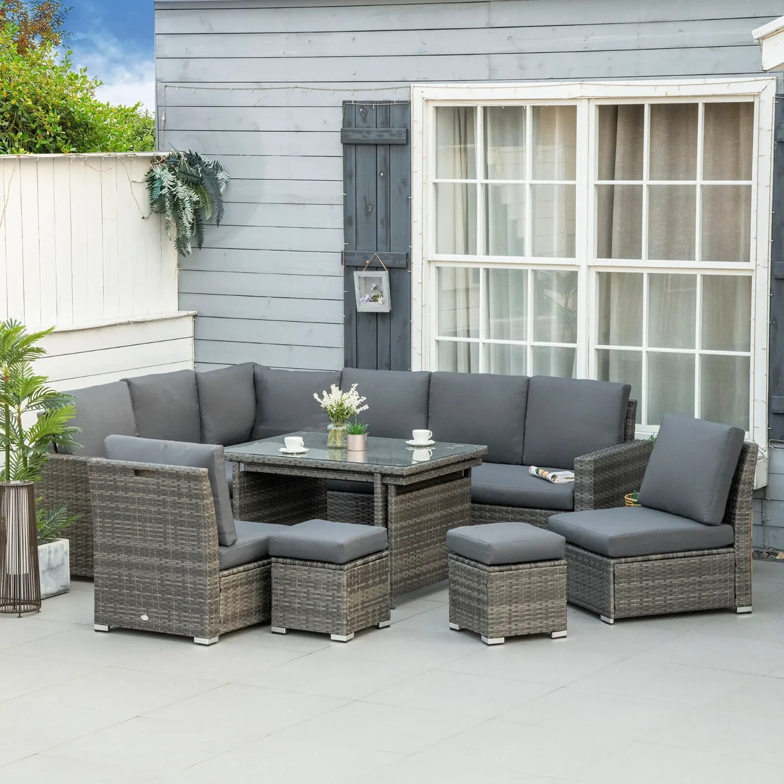 Seven - Piece Rattan Garden Sofa Set with Expanding Table and Stools Cushions Grey - Home and Garden Furniture Shop - rustic - furniture