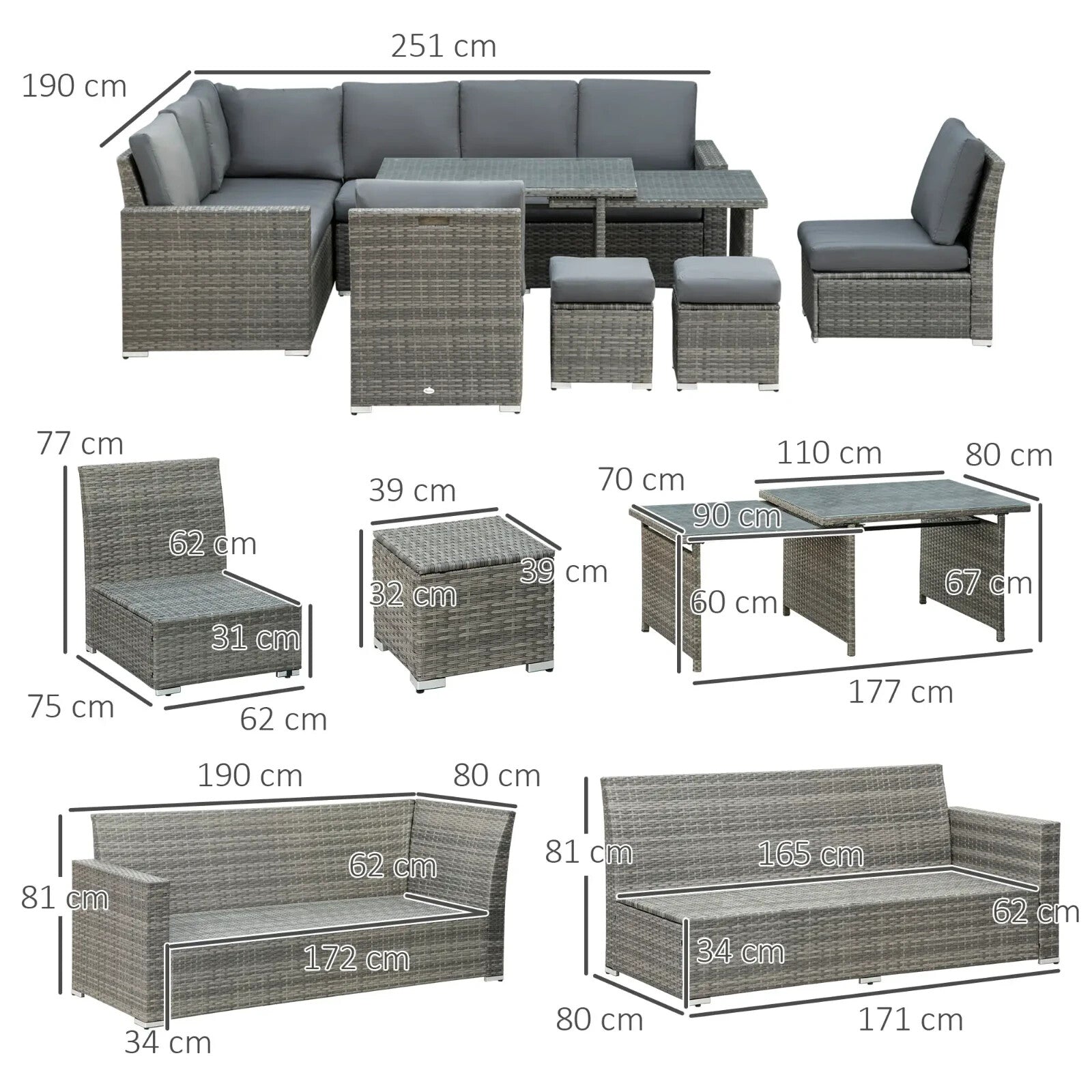Seven - Piece Rattan Garden Sofa Set with Expanding Table and Stools Cushions Grey - Home and Garden Furniture Shop - rustic - furniture