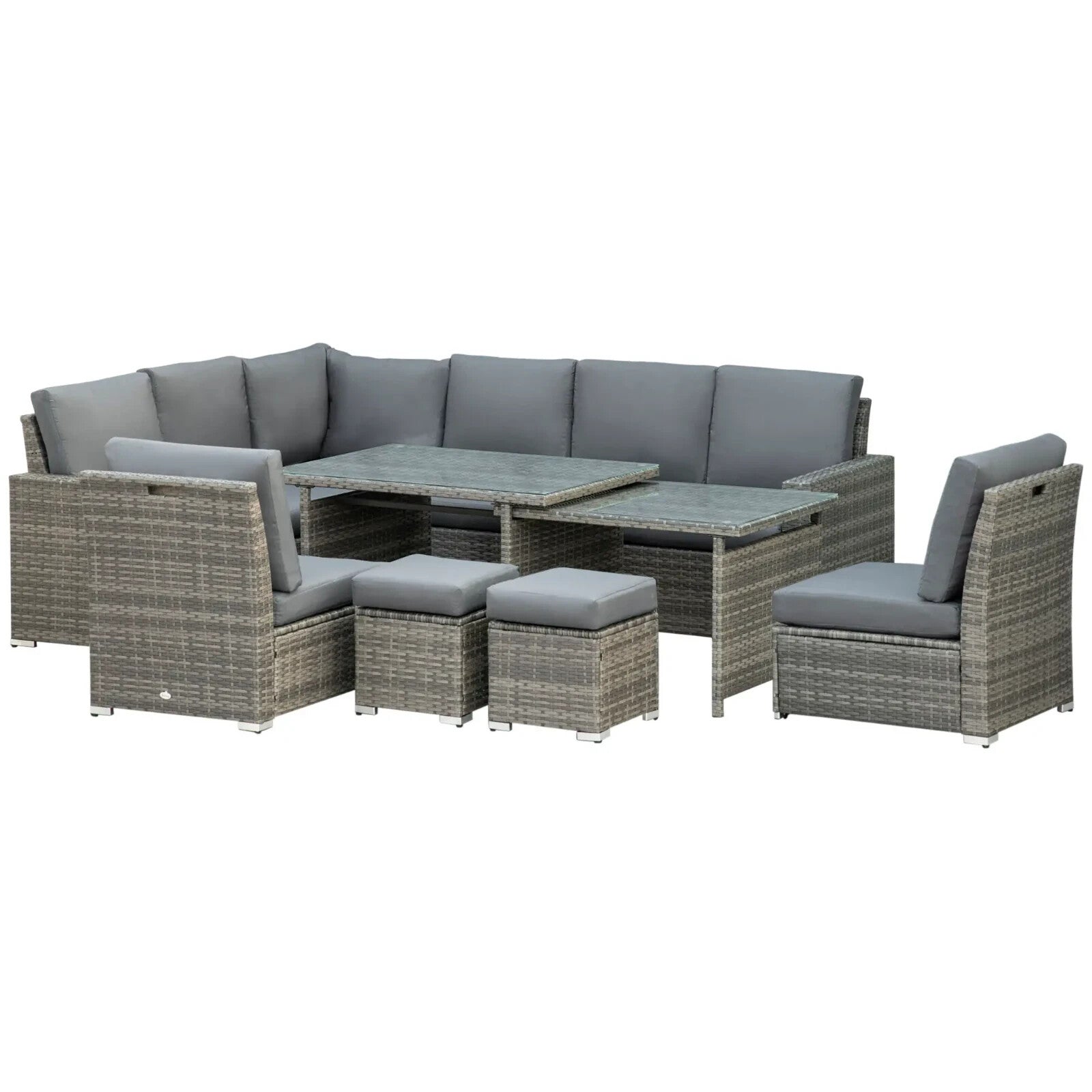 Seven - Piece Rattan Garden Sofa Set with Expanding Table and Stools Cushions Grey - Home and Garden Furniture Shop - rustic - furniture