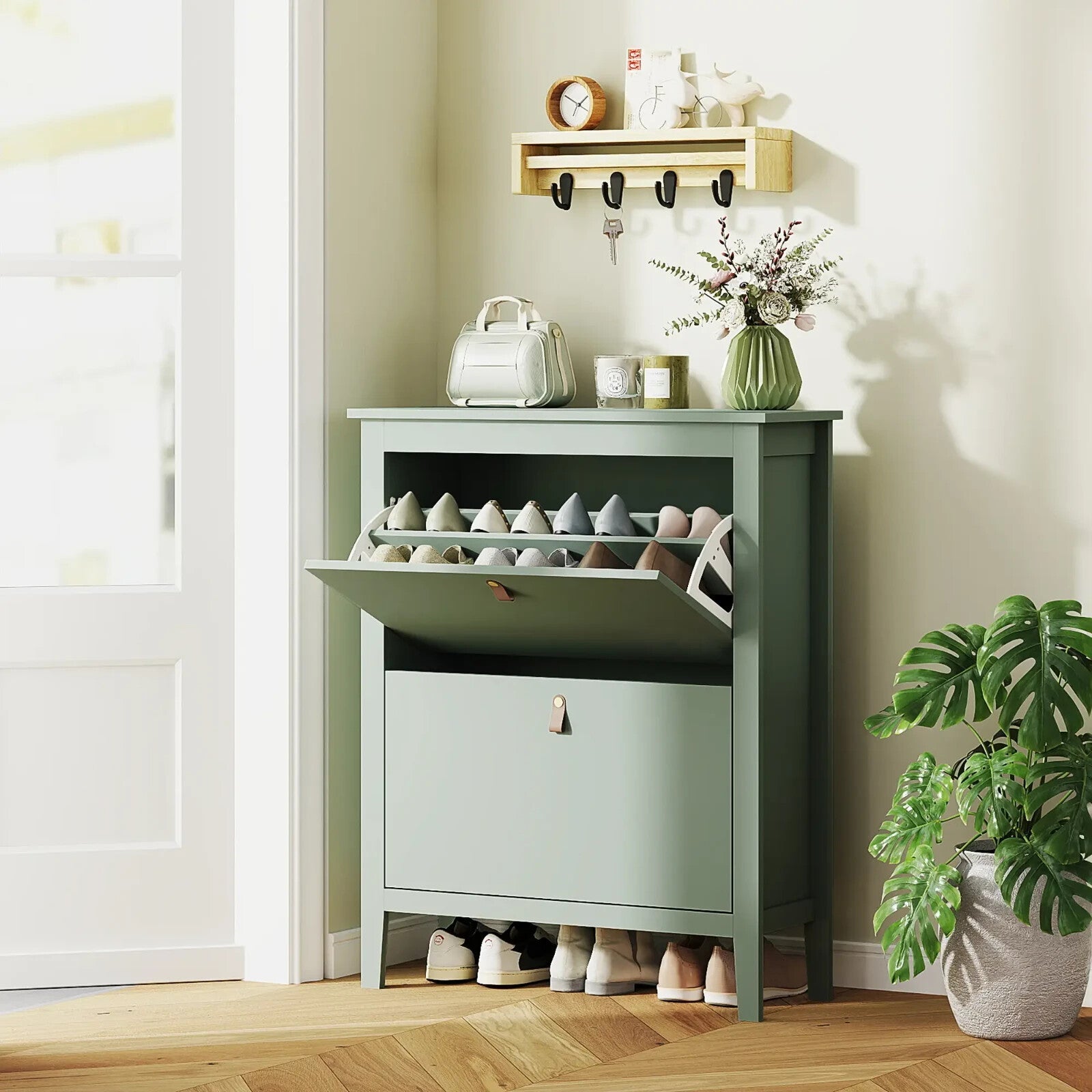 Shoe Cabinet 2 - Drawer with Adjustable Shelf Flip Down Doors & Flat Panel Green - Home and Garden Furniture Shop - rustic - furniture