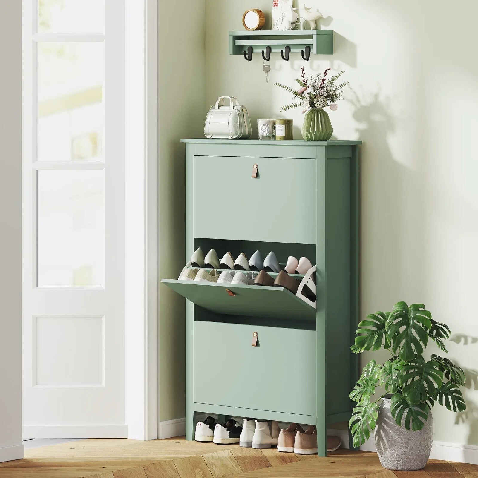 Shoe Cabinet 3 - Drawer with Adjustable Shelf Flip Down Doors & Flat Panel Green - Home and Garden Furniture Shop - rustic - furniture