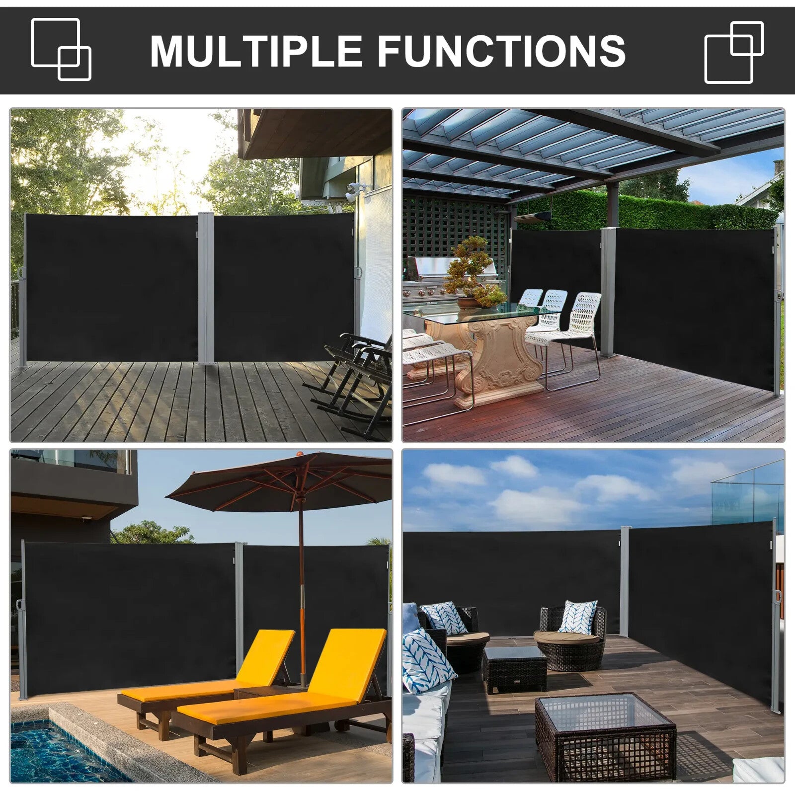 Side Awning Screen Privacy Divider Rectangular Steel Frame Retractable Sun Black - Home and Garden Furniture Shop - #rustic - furniture#