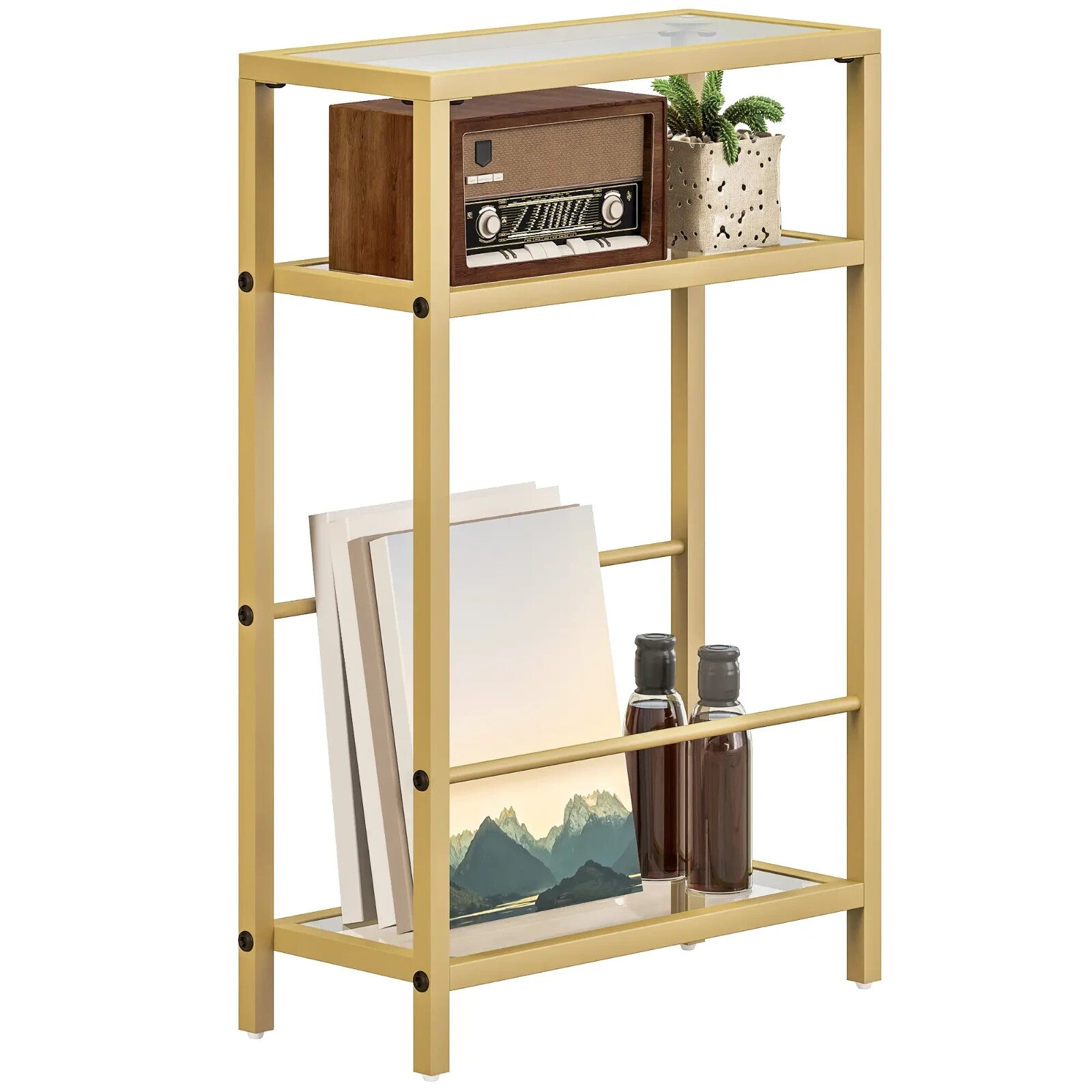 Side Table 3 - Tier Living Room with Storage Shelf and Tempered Glass Gold Tone - Home and Garden Furniture Shop - rustic - furniture