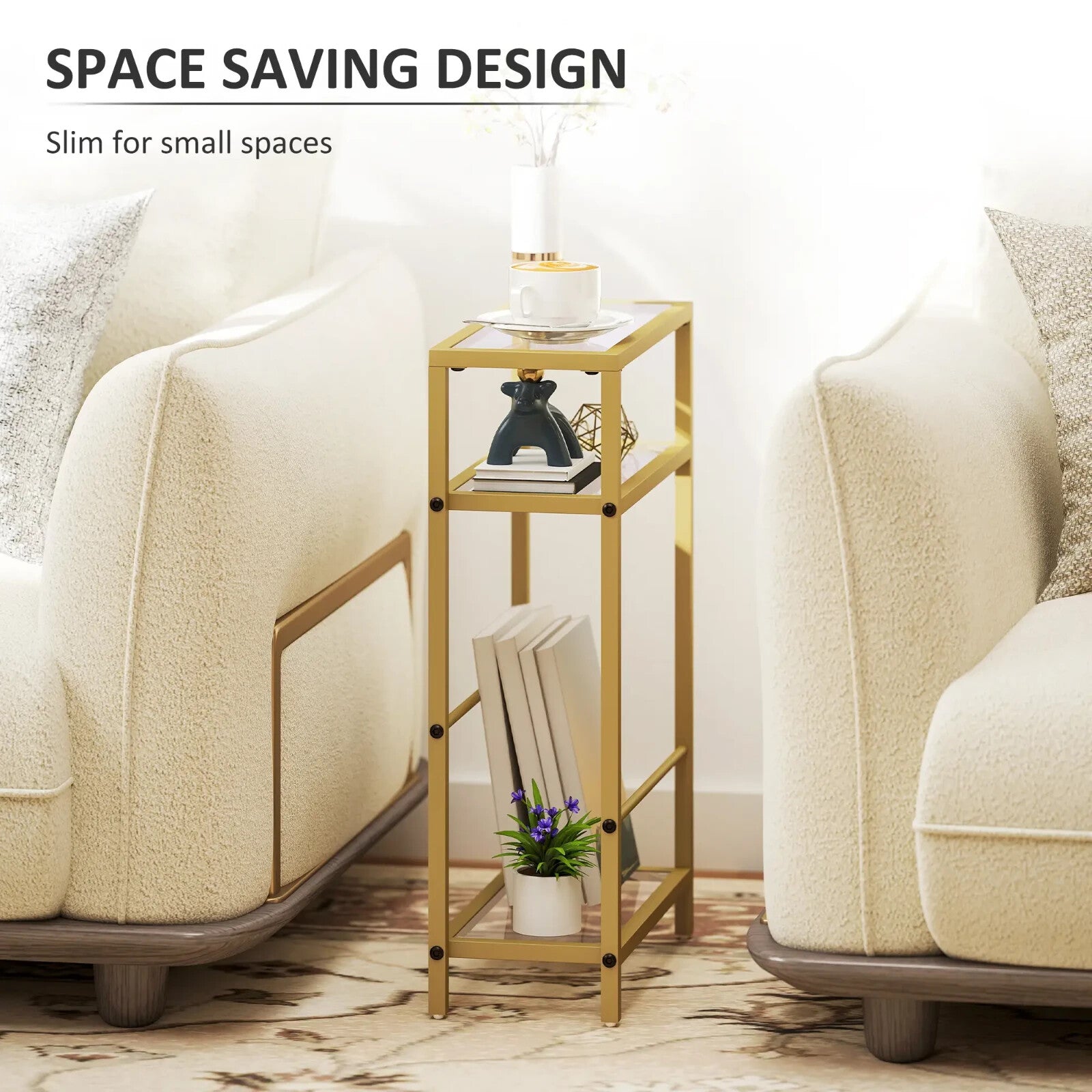 Side Table 3 - Tier Living Room with Storage Shelf and Tempered Glass Gold Tone - Home and Garden Furniture Shop - rustic - furniture