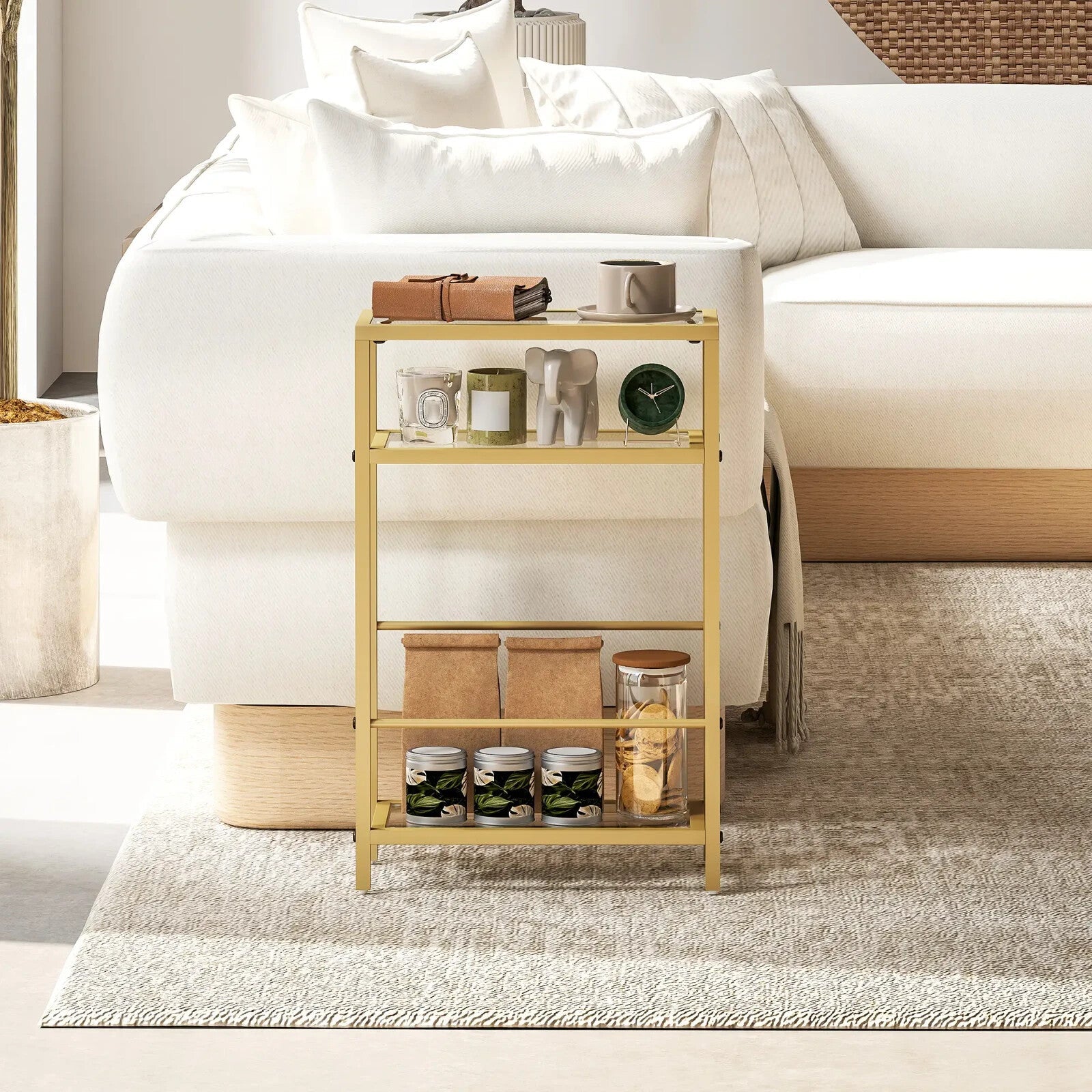 Side Table 3 - Tier Living Room with Storage Shelf and Tempered Glass Gold Tone - Home and Garden Furniture Shop - rustic - furniture