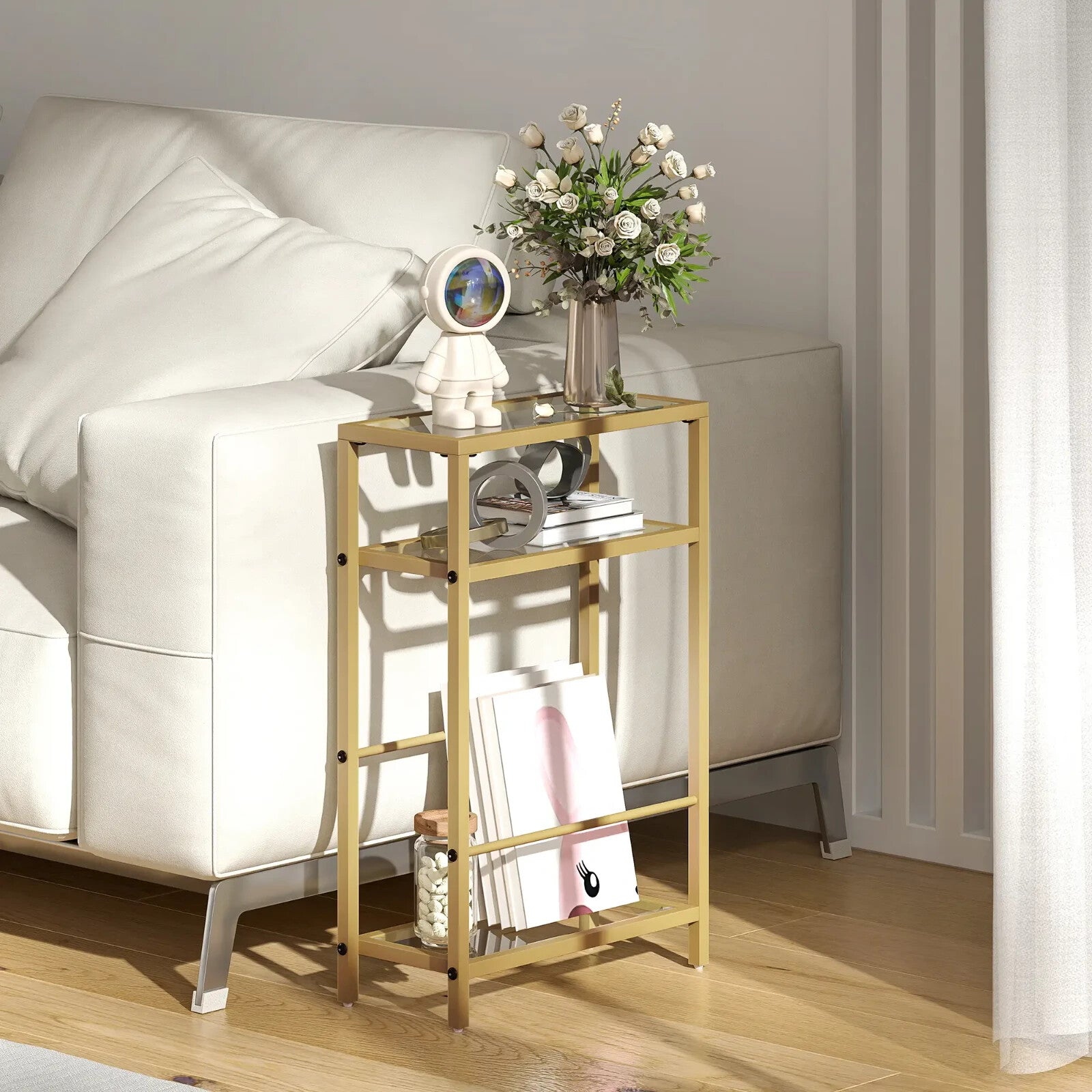Side Table 3 - Tier Living Room with Storage Shelf and Tempered Glass Gold Tone - Home and Garden Furniture Shop - rustic - furniture