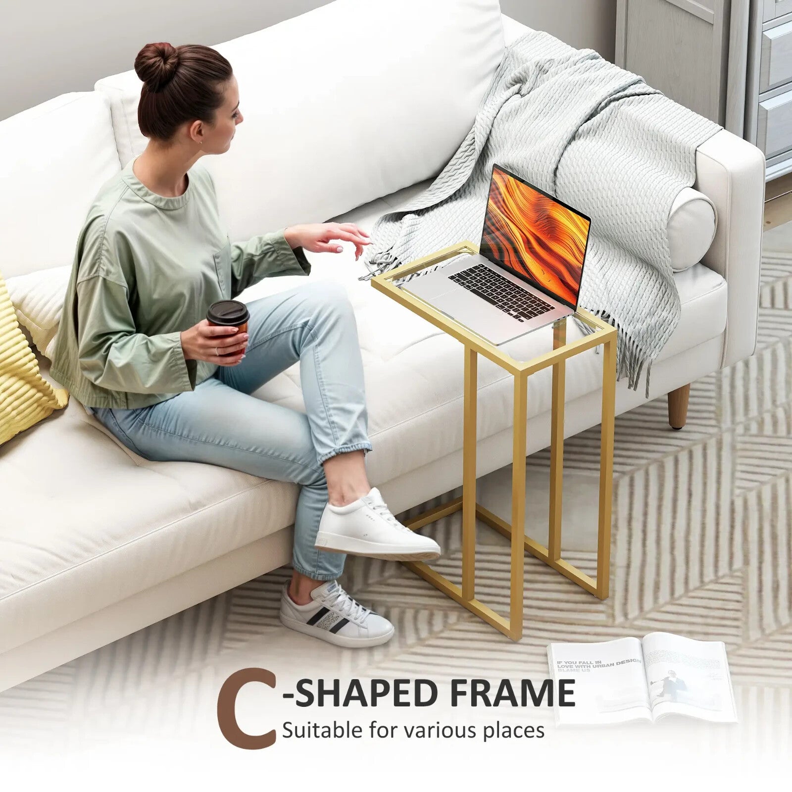 Side Table C - Shaped Steel Frame Living Room with Tempered Glass Top Gold Tone - Home and Garden Furniture Shop - rustic - furniture