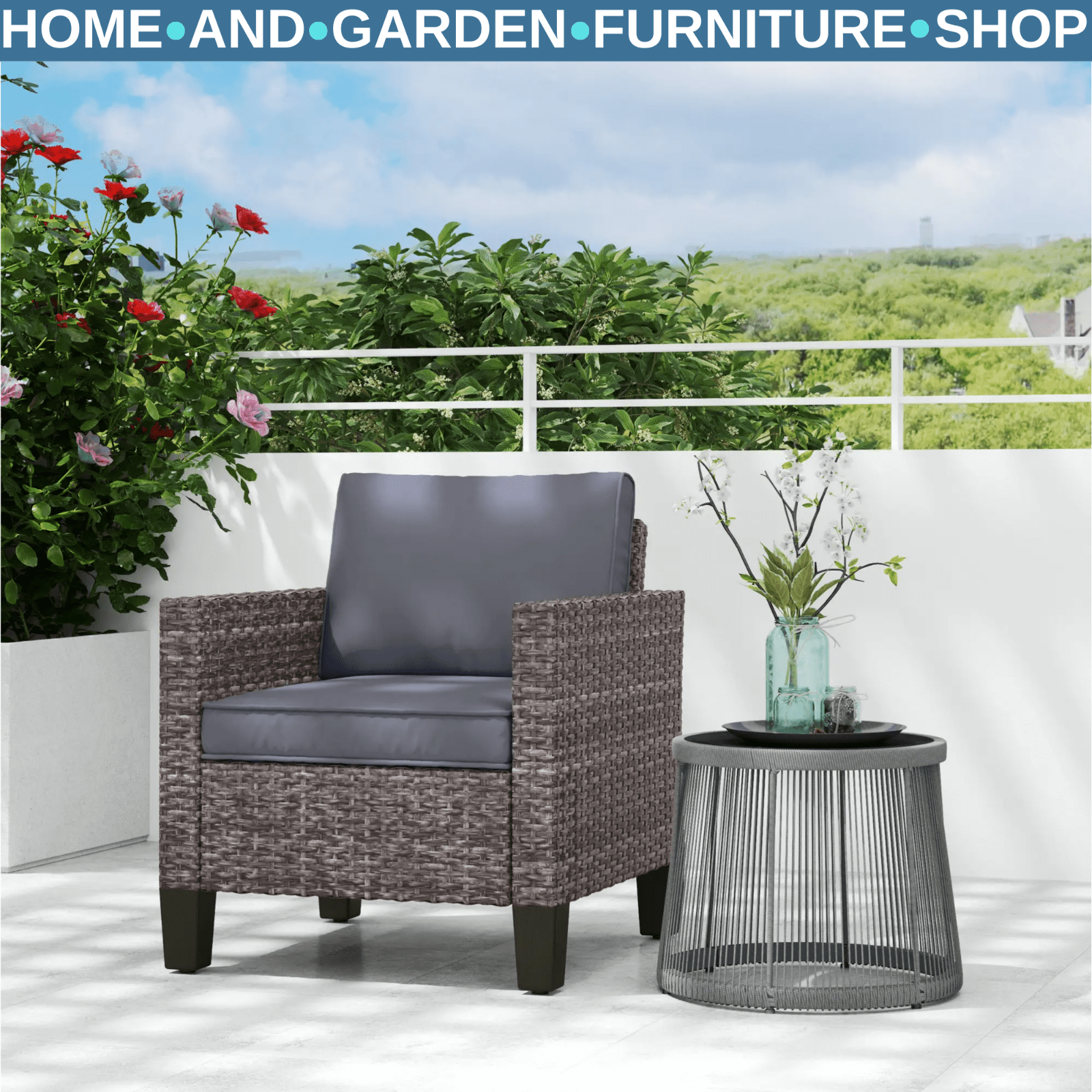 Single Rattan Garden Armchair with Cushions Dark Grey Outdoor Patio Furniture - Home and Garden Furniture Shop - #rustic - furniture#